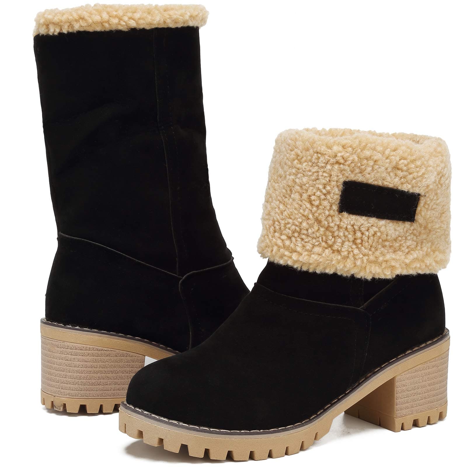 Women's Winter Snow Boots Waterproof Round Toe Suede Chunky Mid Heels Warm Fur Ankle Boots