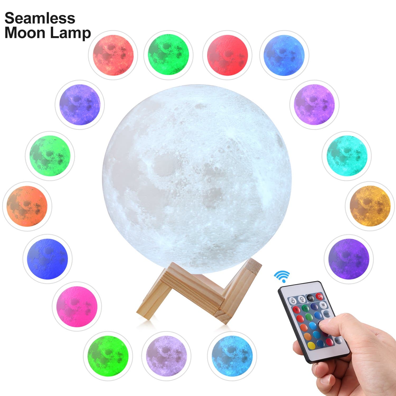 CPLA 3D Moon Lamp LED Night Light Lunar Lamp, Dimmable Remote Control 16 Colors RGB Touch Control Adjustable Brightness Rechargeable Moon Light with Wooden Base for Home Decorative 5.9 inch 15CM