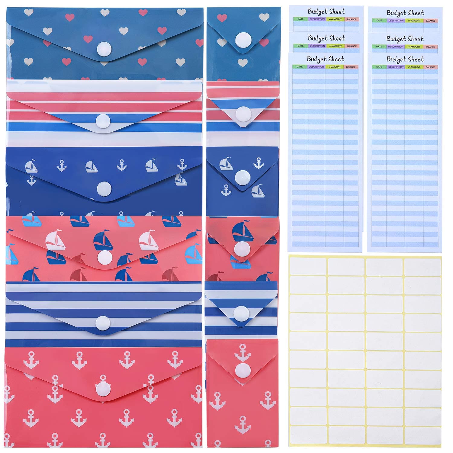 Tupa 6 Pack Cash Budget Envelopes System Waterproof Reusable Plastic Cash Envelope 6 Pack Plastic Coin Envelopes with Snap Button Plus and 6 Pieces Budget Sheets and 1 Label Sheet