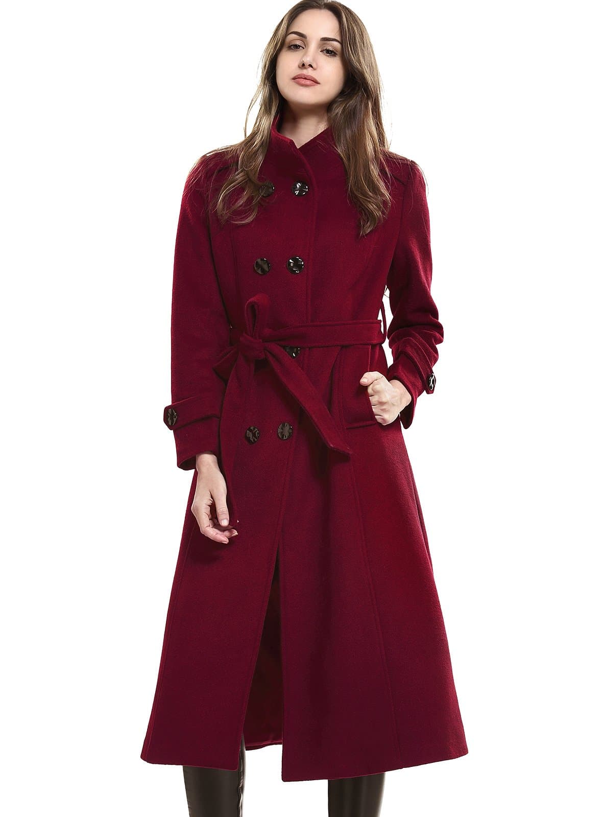 Women's Wool Trench Coat Winter Double-Breasted Jacket with Belts