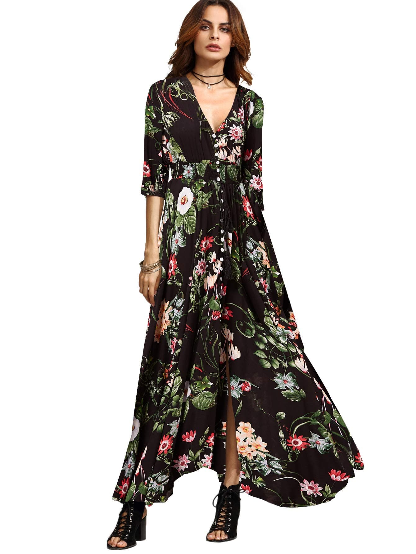 Women's Button Up Split Floral Print Flowy Party Maxi Dress