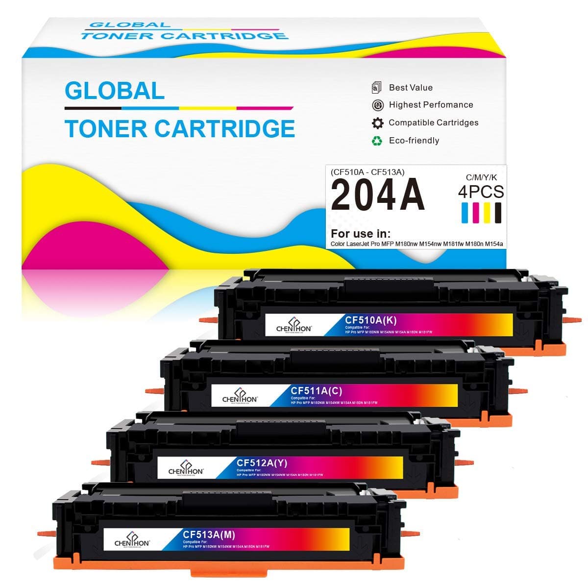 CHENPHON Compatible Toner Cartridge Replacement for HP 204A CF510A CF511A CF512A CF513A work with Color laserJet Pro MFP M180NW M154NW M181 ( Black, Cyan, Yellow, Magenta , 4 pk )