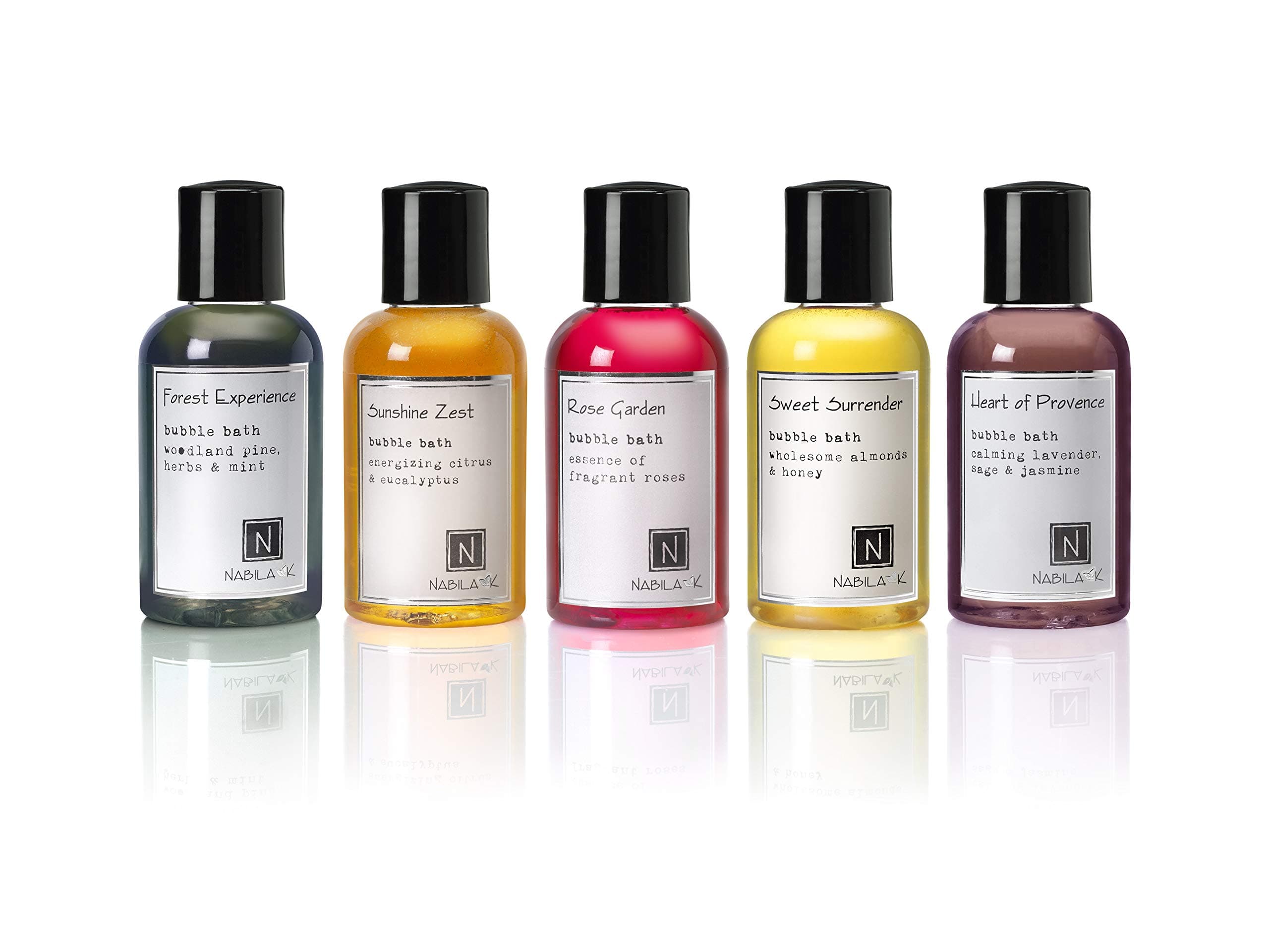 N Nabila K Bubble Bath Sampler, Bundle of Five Scents, Gift Set, spa Bath, 2oz/60mL Each