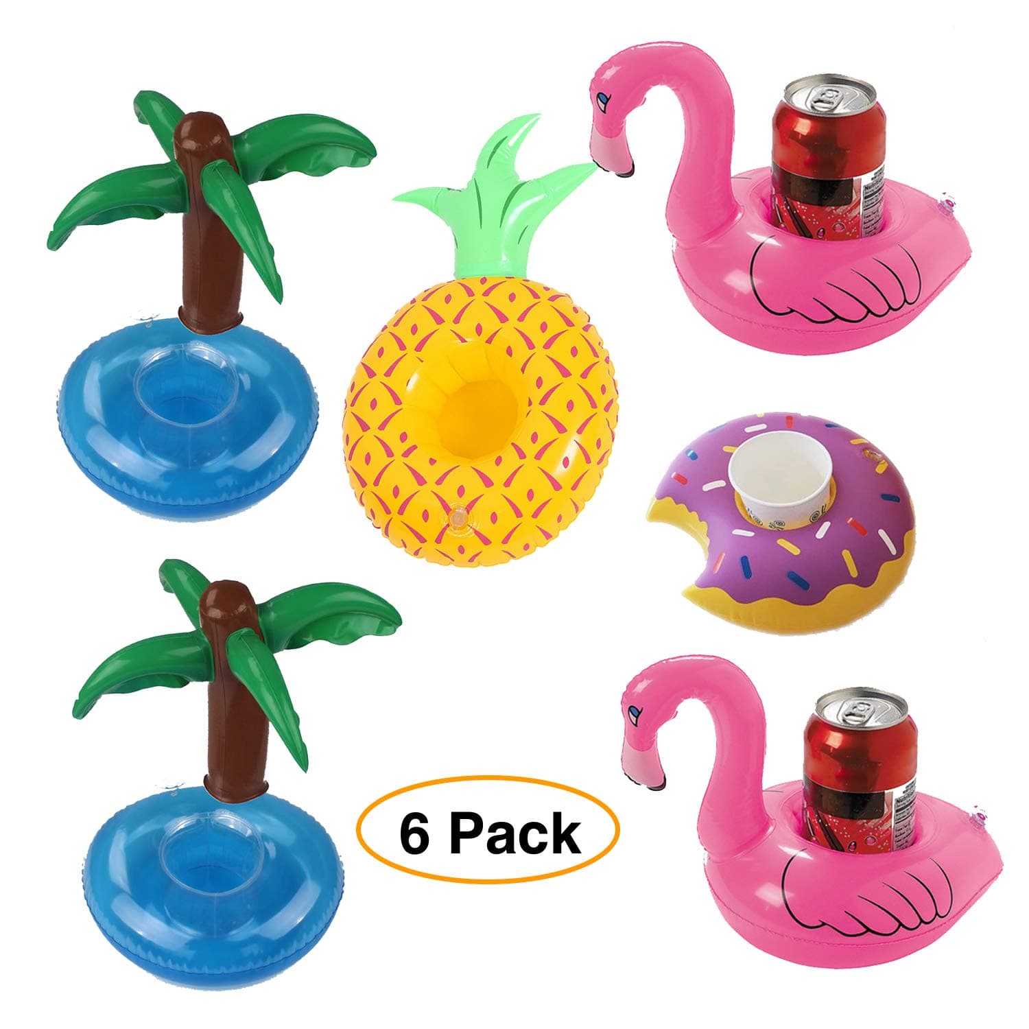 6 pack Inflatable Pool Drink Holders, 4 different designs Flamingo, Doughnut, Palm Tree and Pineapple, Great for pool lake hot tub and ocean