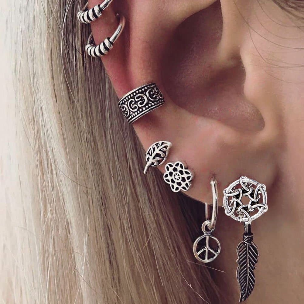 pengyu 7Pcs/Set Stud Earrings Dream Catcher Leaf Ear Cuff Stud Earrings Women Vintage Jewelry Gift