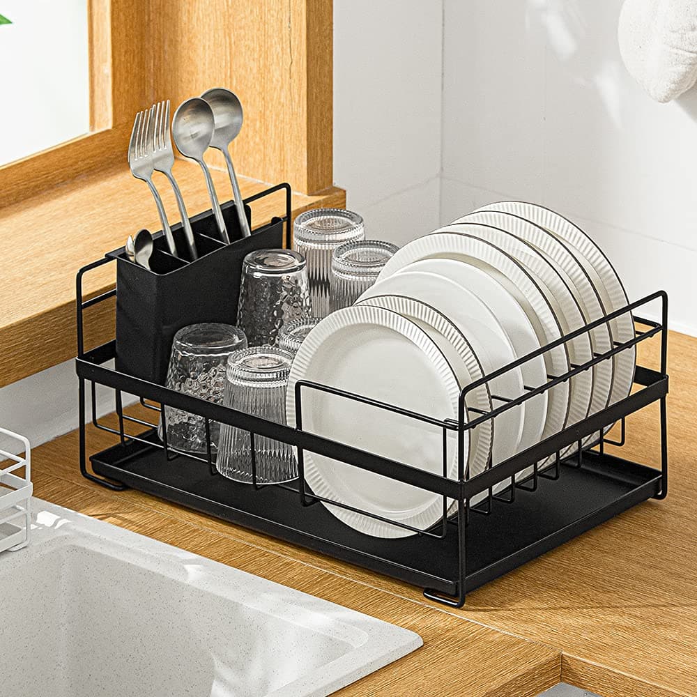 SUNFICON Kitchen Countertop Dish Drainer Dishes Drying Rack Dish Drying Organiser Holder With Drip Tray Draining Board Cutlery Utensil Holder RV Studio Small Flat 48×29.5×19 cm Black