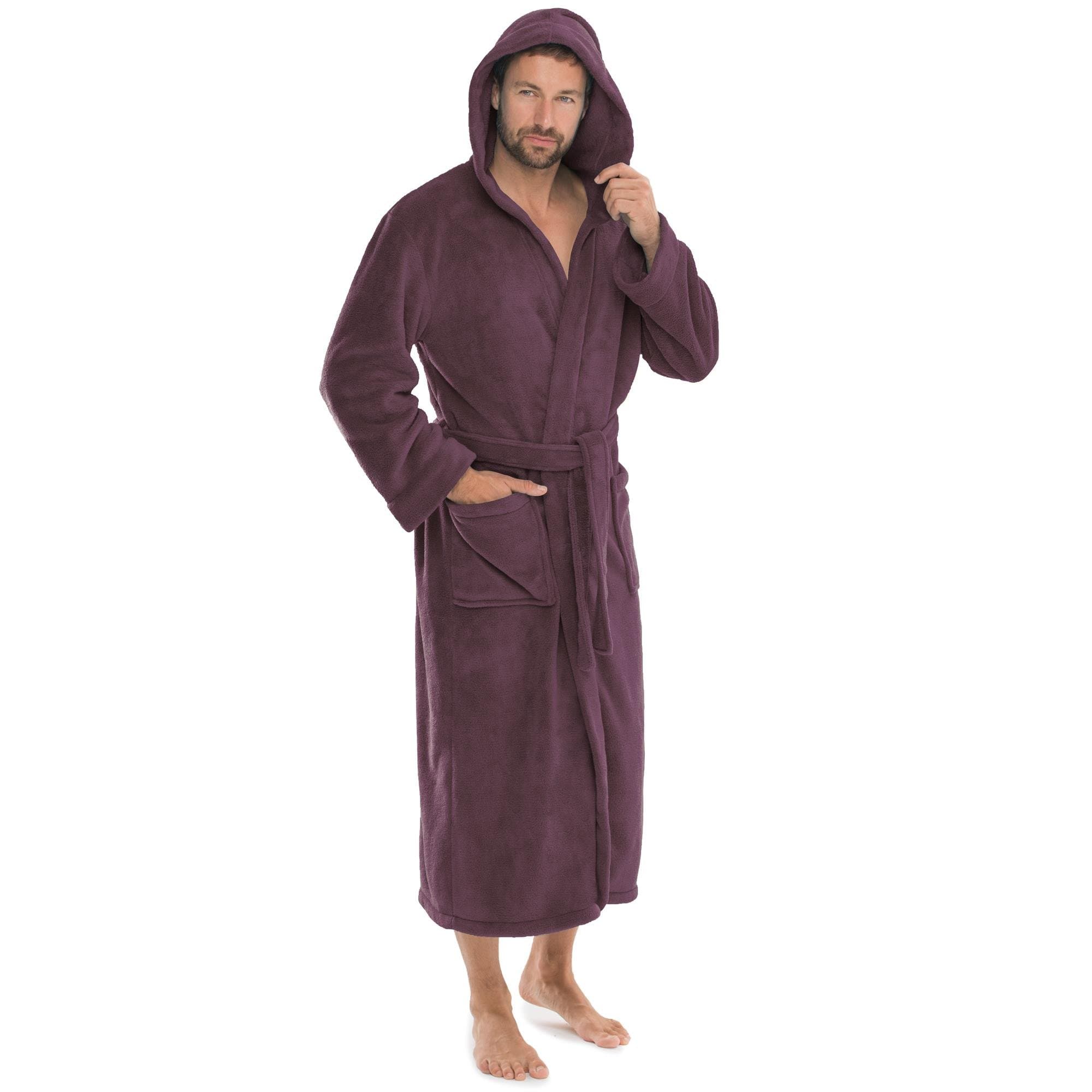 CelinaTex Florida Bathrobe, Hooded, Plain, Long, Patched Pockets, Unisex, Microfibre, Coral-Fleece, Plum, Small
