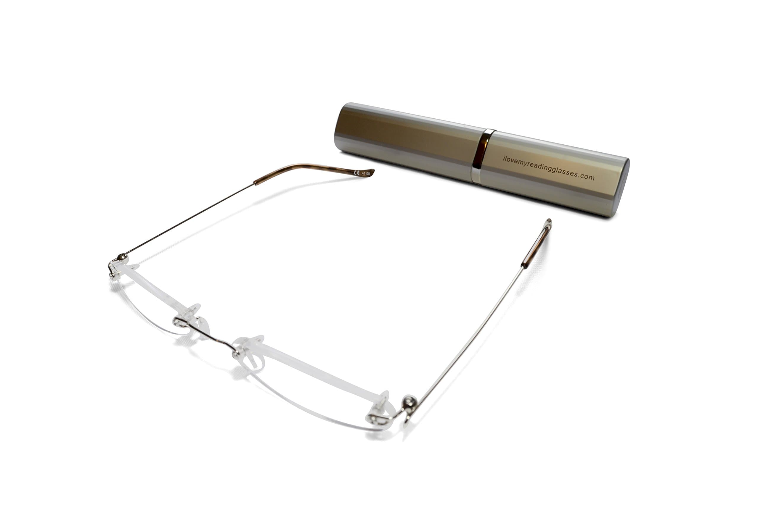 Rimless Silver Reading Glasses +1.5 Light Sturdy and Reliable in Several Metal Finished Colours,Free Aluminium Matching case/CE Certified/EN ISO 12870