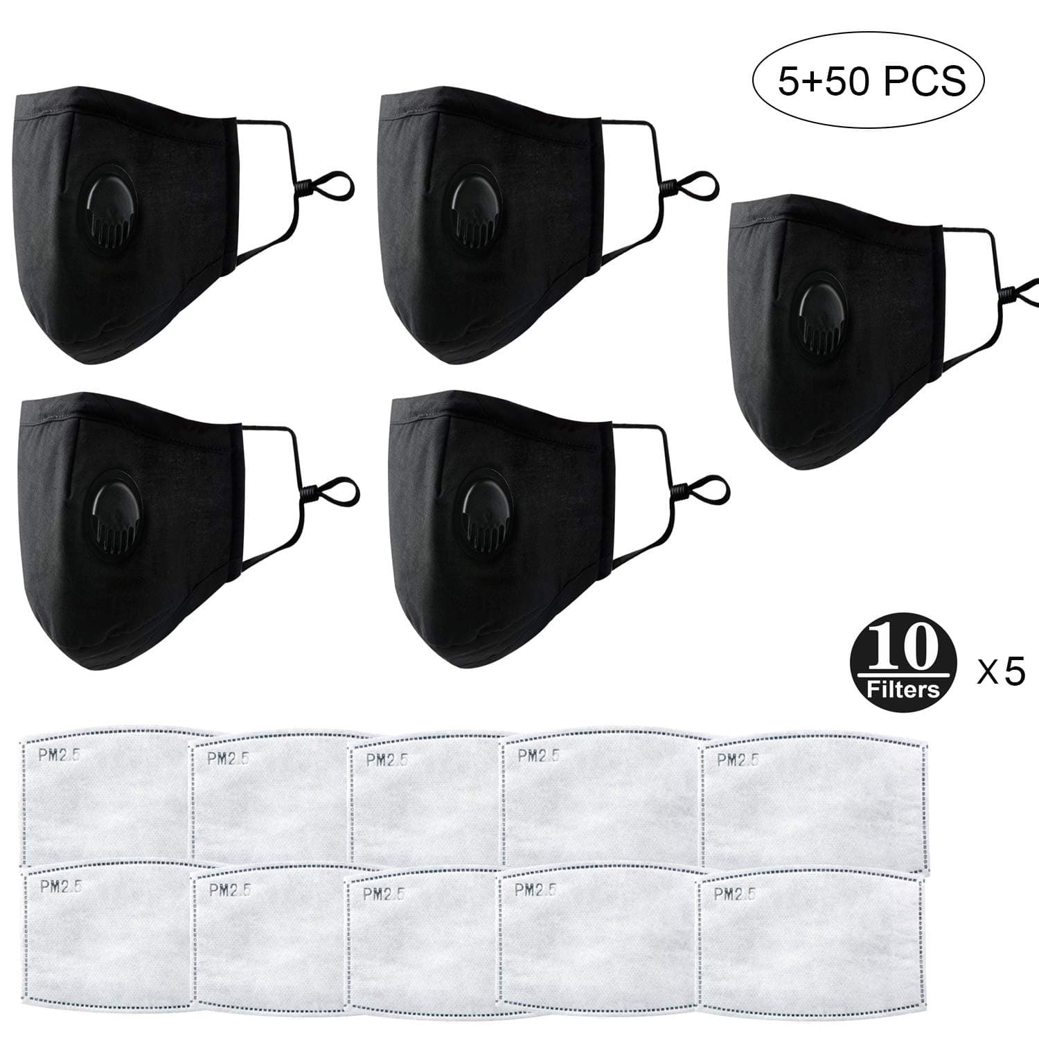 PinnacleT1 N95 Dust Mask, 5 Pcs PM2.5 Mask with Breathable Valve 50 Anti Pollution Disposable Filters Reusable Washable Flu Mask for Gardening Dusts Germs Allergies Pollution Ash Pollen