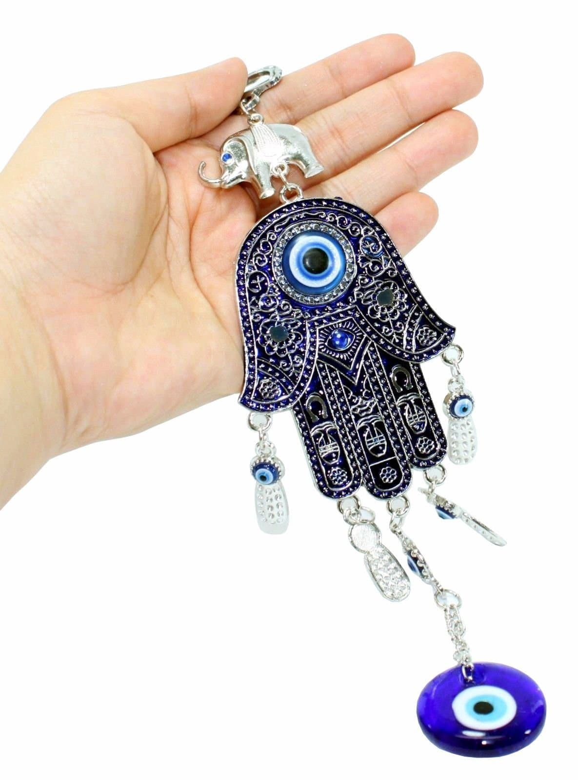 Turkish Blue Evil Eye 2.5" Hamsa Hand Elephant Amulet Wall Protection Hanging