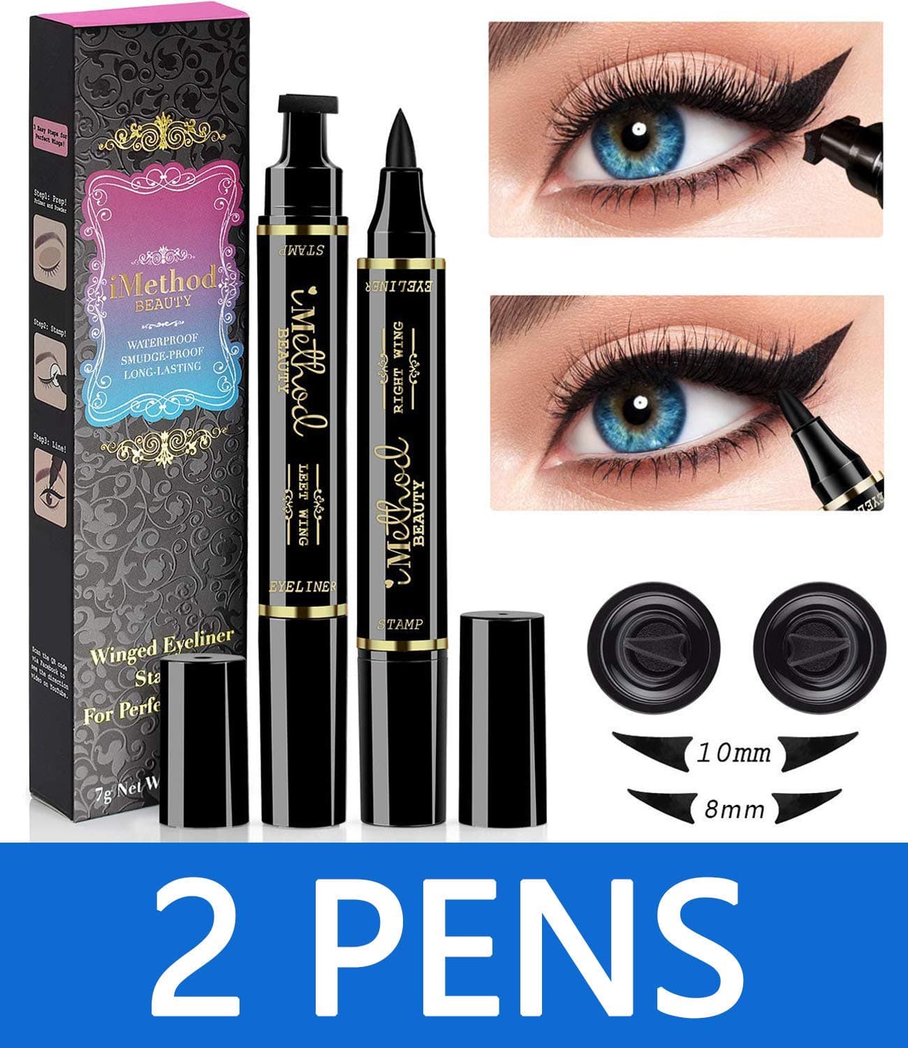iMethod Wing Eyeliner Stamp - 2 Pens Left & Right Dual Ended Liquid Winged Eye Liner Pen, Perfect Winged Cat Eye Look, Waterproof, Smudgeproof and Sweatproof, Vamp Style Wing, No Dipping Required