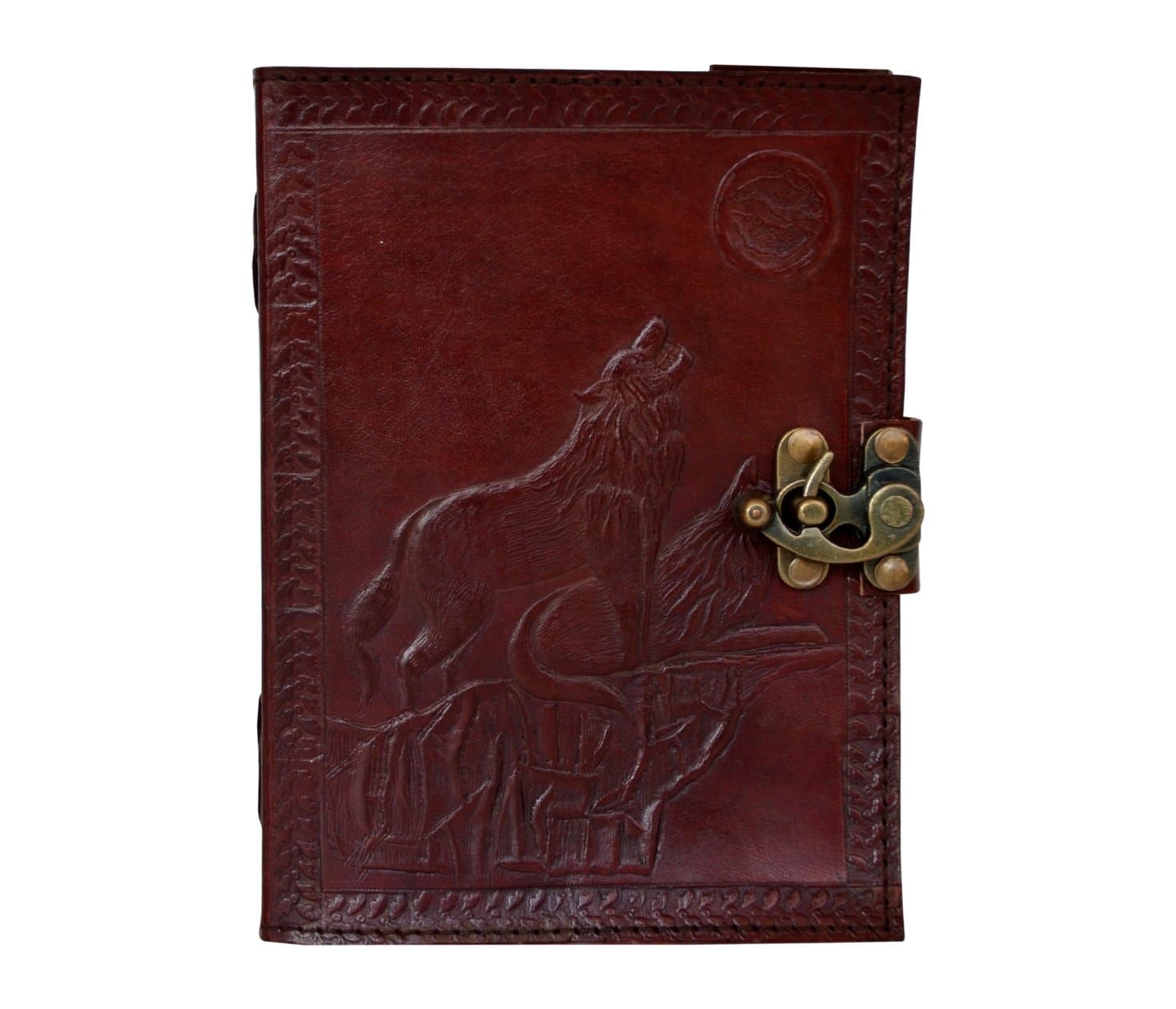 Embossed Howl at The Full Moon Leather Journal Howling Wolf Journal 120 Blank Pages with Brass Clasp Writing Book 7x5 Inch