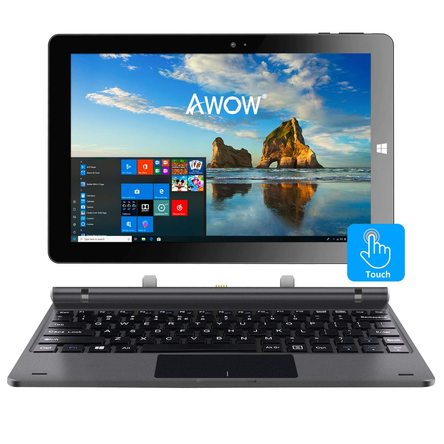 10.1" Touch Screen Windows 10 2-in-1 Laptop Tablet PC with Intel X5-Z8350 Quad-Core 1.44Ghz/Ips HD 1280 X 800/4GB/64GB/Dual Webcam/Wi-Fi/Bluetooth 4.0/Micro HDMI/Micro SD/USB/Keyboard/Iron Gray