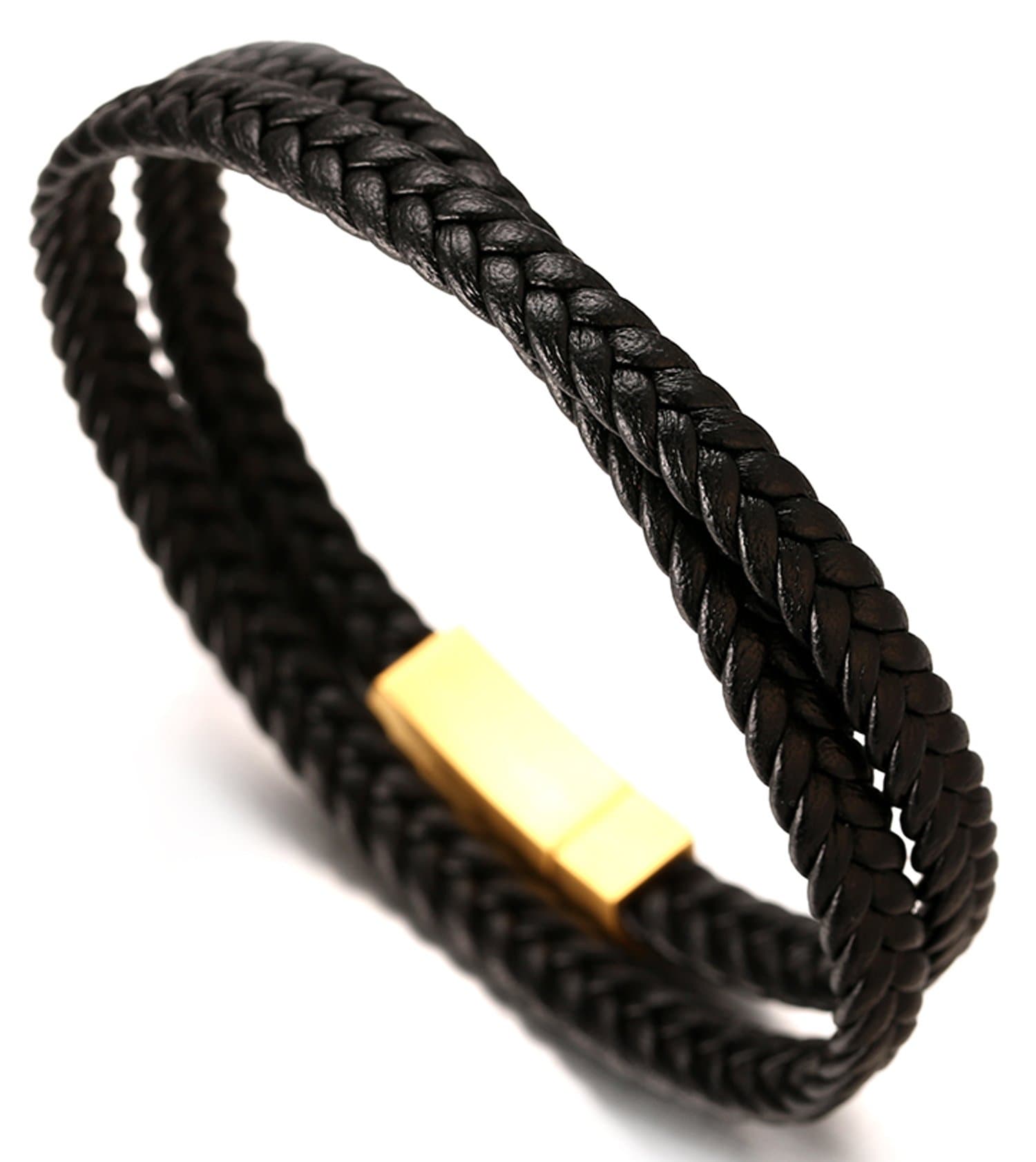 ● Jazz ● Men's Genuine Leather Handmade Double Layer Braid Bracelet Titanium Magnetic Clasp 8.46"(21.5cm) with Free Giftbox