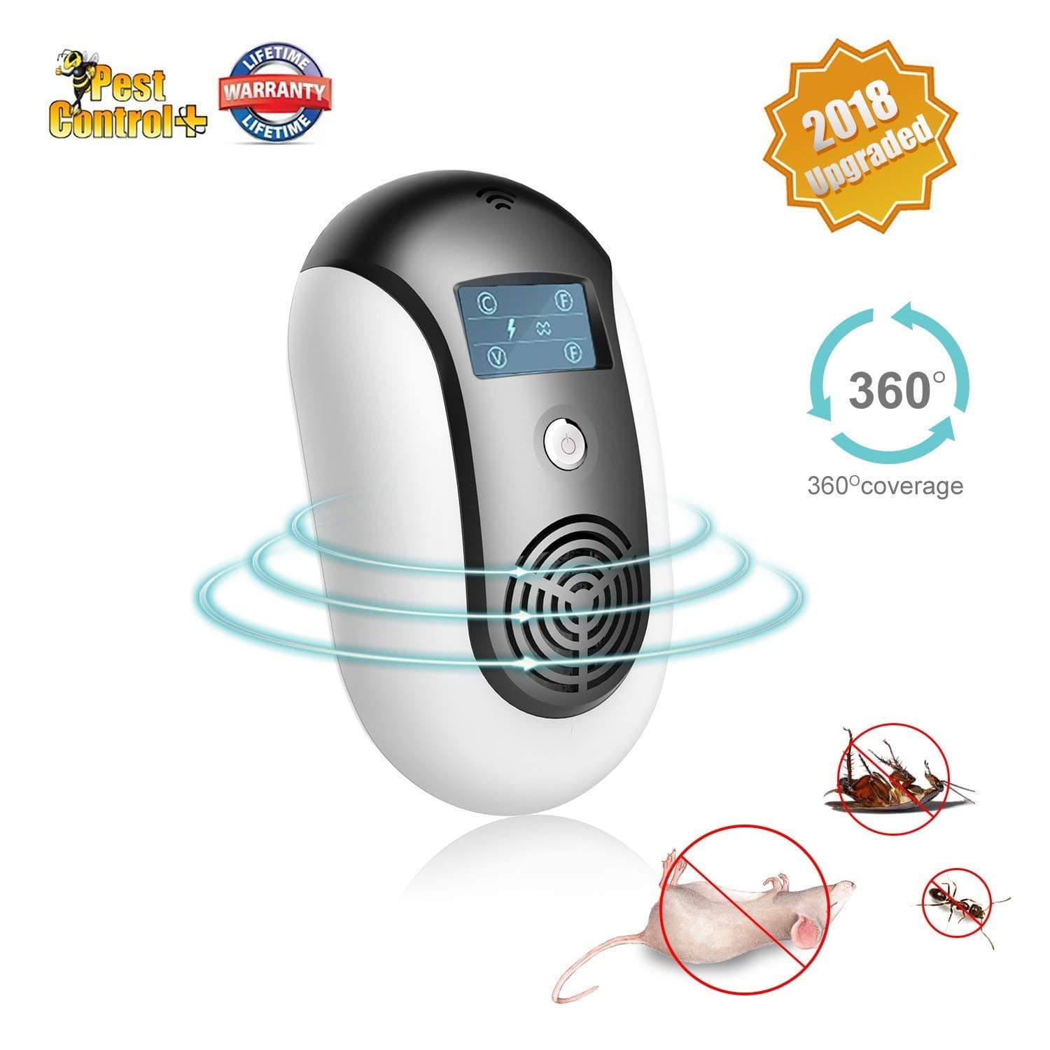 [2018 UPGRADED] Ultrasonic Pest Repeller Best Plug in Electronic Pest Control Indoor and Outdoor Repellent, Intelligent Display 360° Coverage, Rats, Ants, Rodent, Mosquitoes, Roaches, Spider Killer