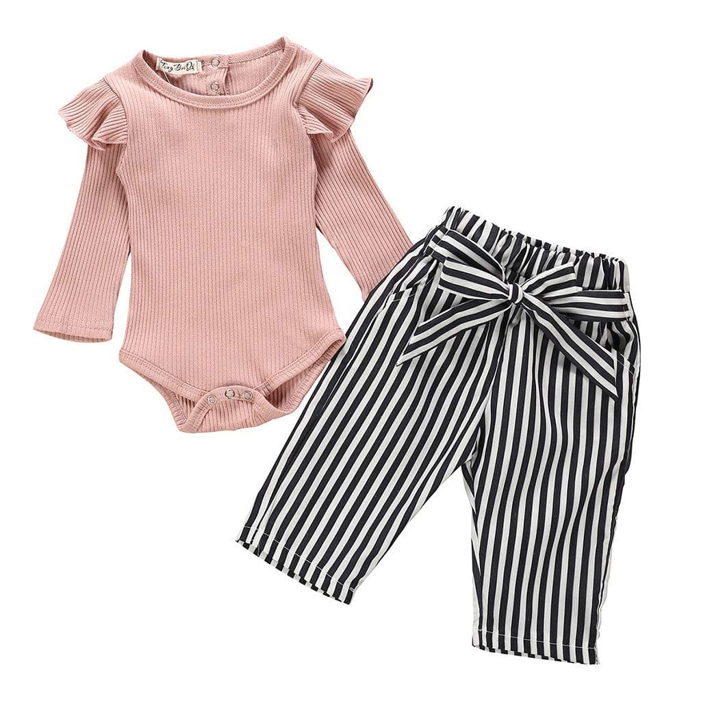 GHrcvdhw Baby Long Sleeve Solid Ruffle Romper Bodysuit Striped Pants Outfits Infant Toddler Baby Girl Clothes