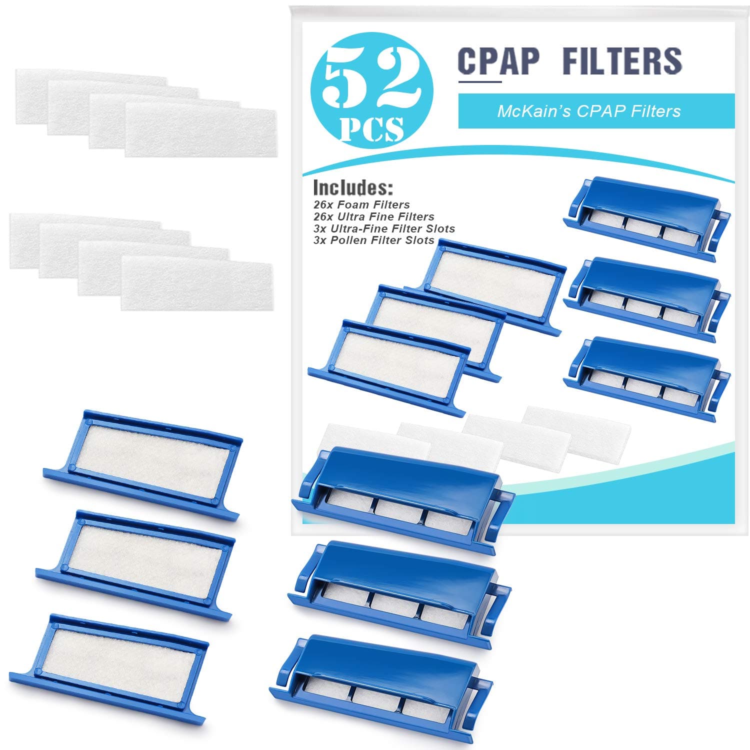 CPAP Filters 52 Packs Compatible with Dreamstation- Assembly Filter Into Reusable Frame Kit - 26 Foam Filter + 26 Ultra-fine Filter + 3 Frame-Pollen & Hypoallergenic Supplies by McKain