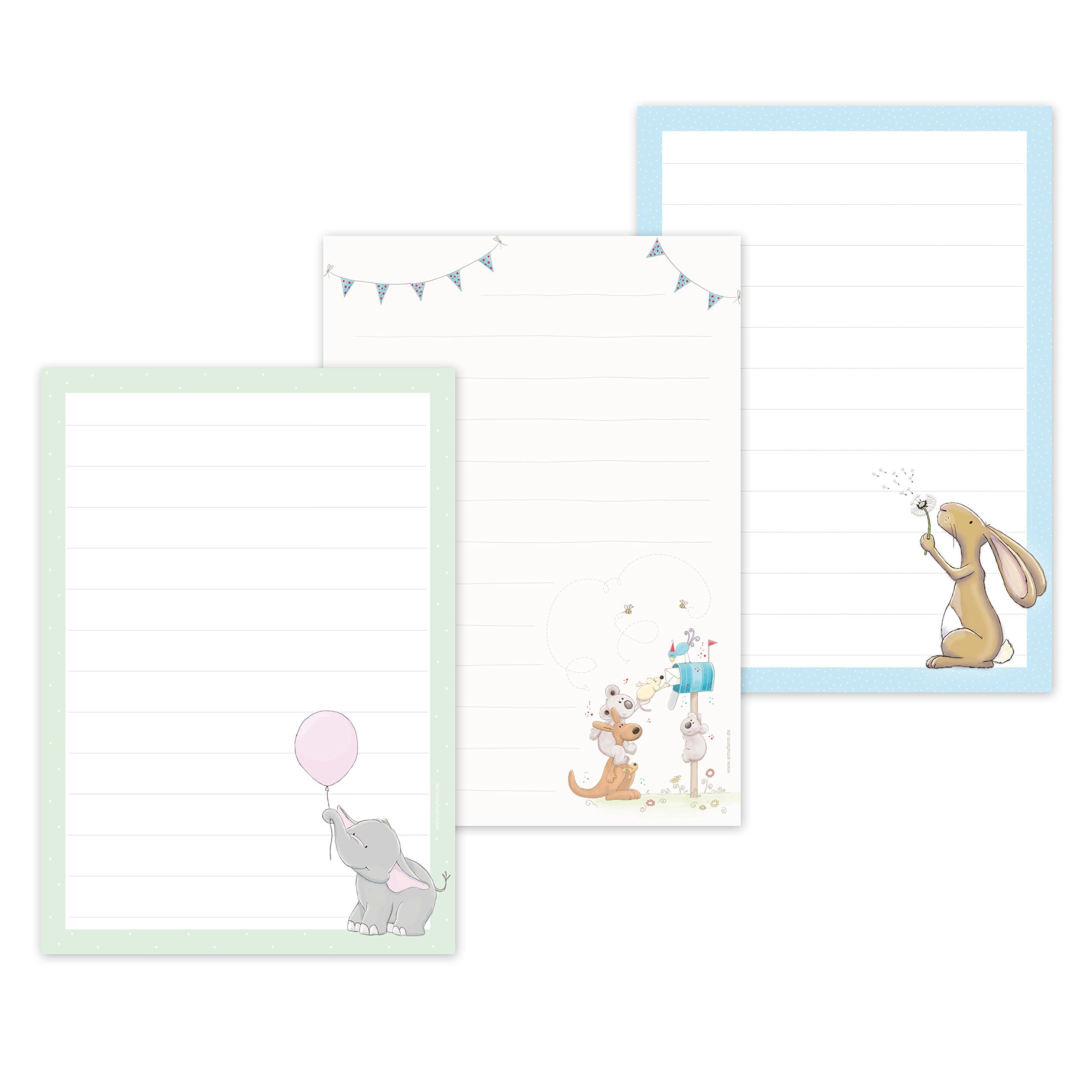 Childrens Stationary/Letter Blocks 3 Elly Elephant, Rabbit Hamlet & Post für Dich, DIN A5 Lined Writing Paper 50 Sheets – For Children