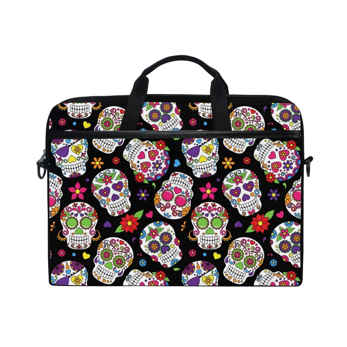Linomo Computer Bag Floral Sugar Skull Pattern Laptop Sleeve Case Briefcase Messenger Sleeve Laptop Shoulder Bag fits 13 Inch 14 Inch 14.5 Inch Laptop for Women Men Office Kids School