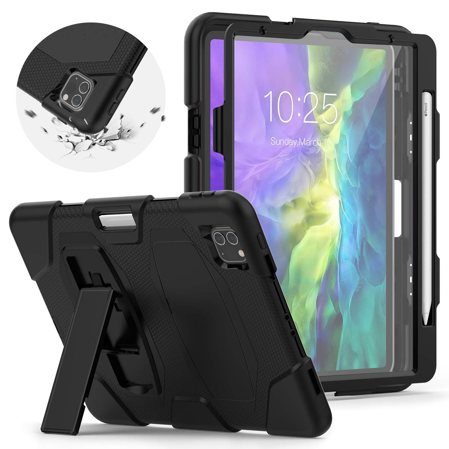 HXCASEAC New iPad Pro 11 Case 2nd Generation 2020 & 2018 with Pencil Holder/Screen Protector/Stand, [Support Apple Pencil 2 Wireless Charging], Full Body Protective Rugged Shockproof Case, Black