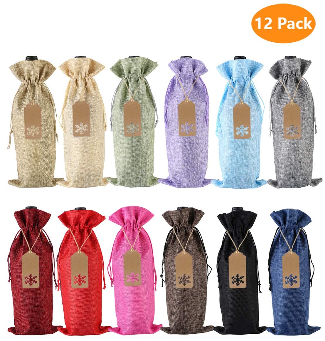 Burlap Wine Gift Bags, 12 Pcs Jute Drawstring Wine Bottle Covers with Tags and Ropes for Christmas, Wedding, Travel, Birthday, Holiday Party (12 Colors)