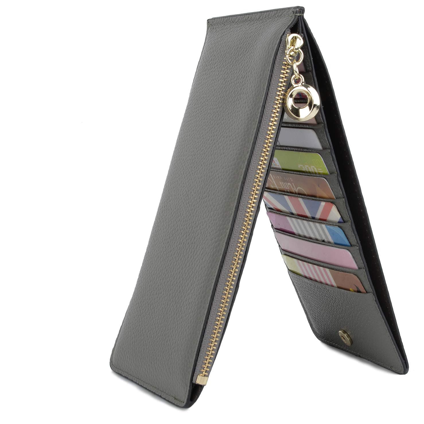 Women's Leather RFID Blocking Card Holder Phone Wallet 20 Card Slots Zip Pocket Money Compartment Gift Box Packpage Grey