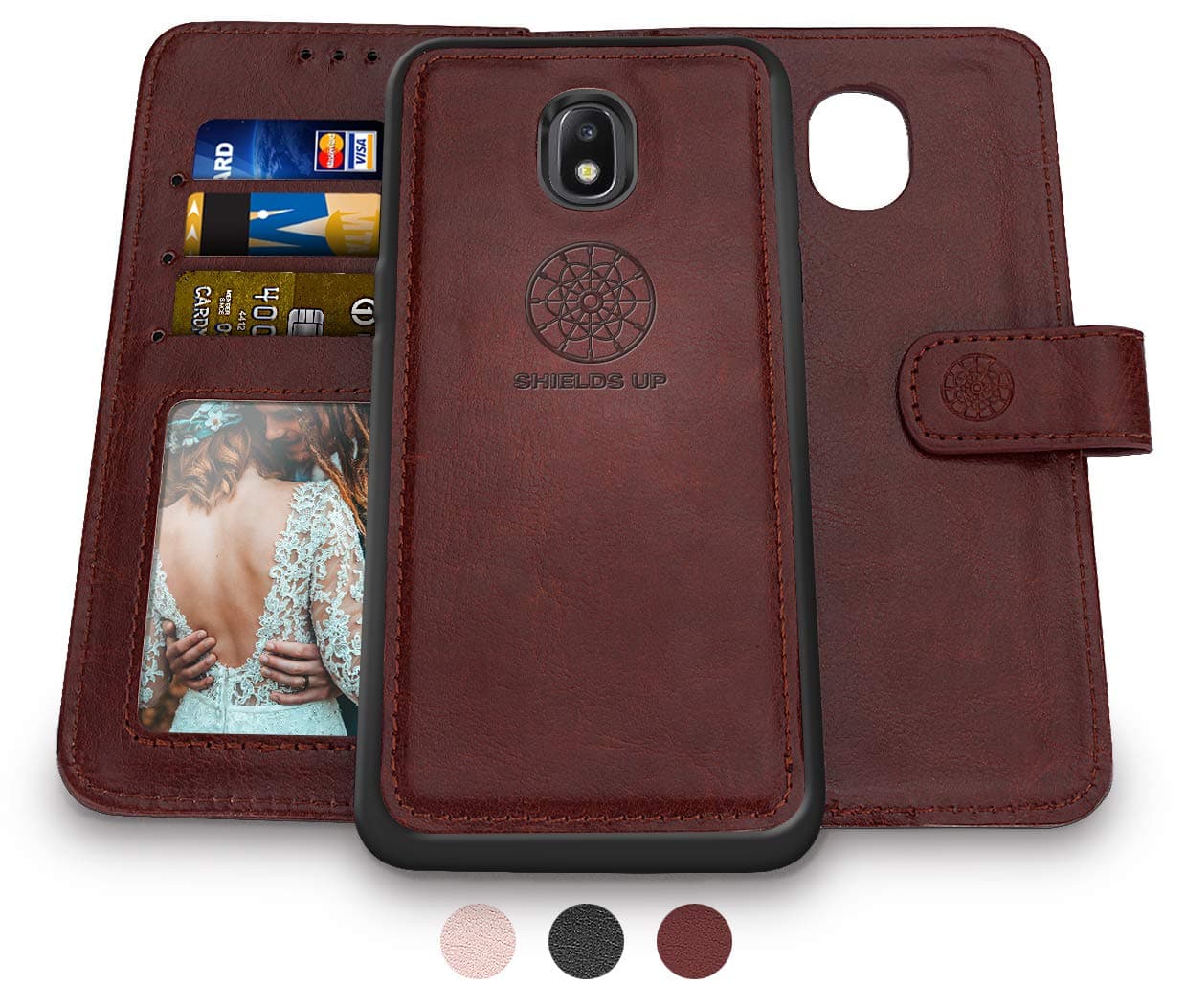 Shileds Up for Galaxy J7 Refine/J7 2018/J7 Star/J7 Top/J7 Aura/J7 Aero/Crown/Eon Wallet Case, [Detachable] Slim Magnetic Case, Card/Cash Slots, [Vegan Leather] Cover for Samsung J7 V 2nd Gen - Brown