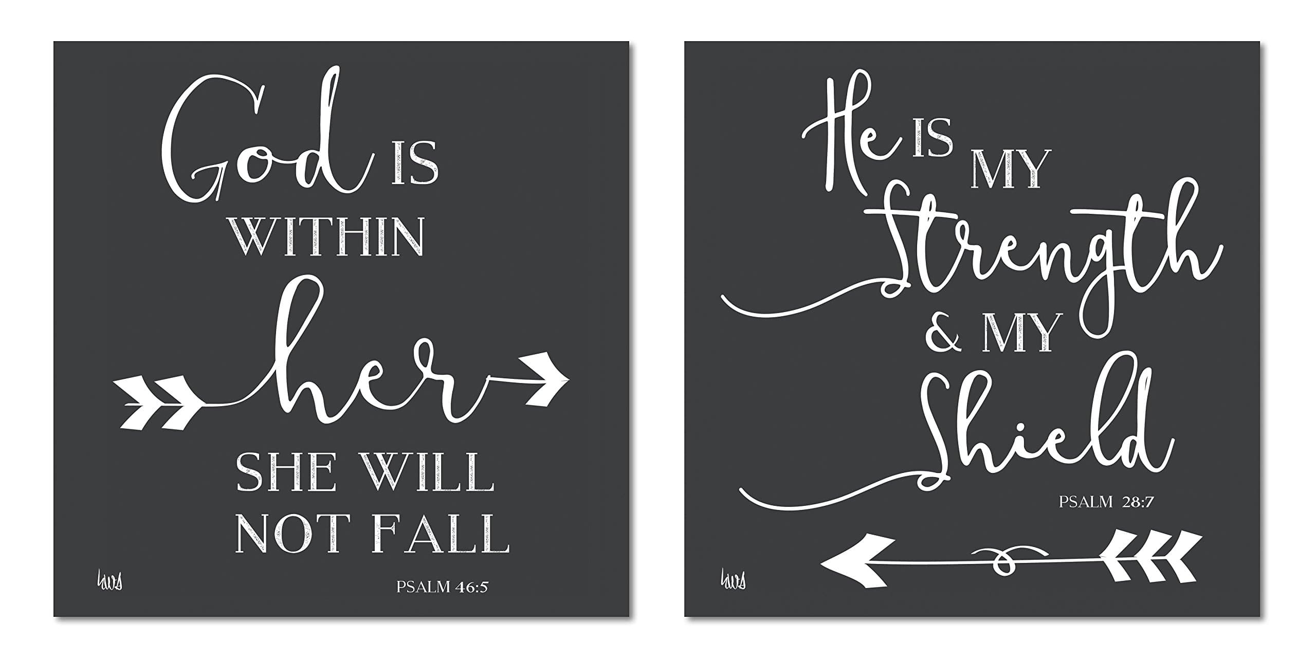 Roaring Brook Religious Chalkboard-Style 'God Is With Her, She Will Not Fail' and He Is My Strength and My Shield; Two 30x30cm Unframed PAPER Posters