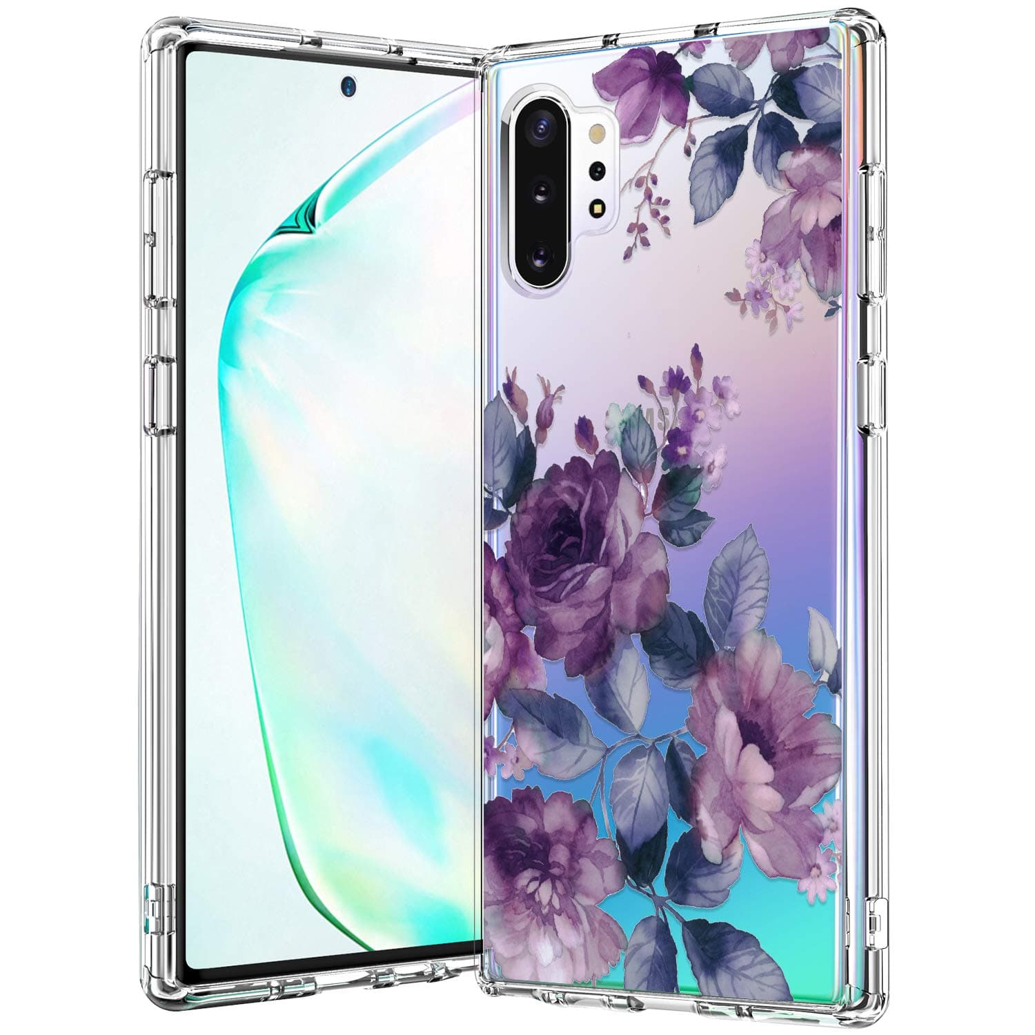 BICOL Galaxy Note 10 Plus Case,Elegant Purple Floral Flower Pattern Clear with Design for Girls Women Hard Back Cover with Soft TPU Bumper Protective Phone Case for Samsung Galaxy Note 10 Plus