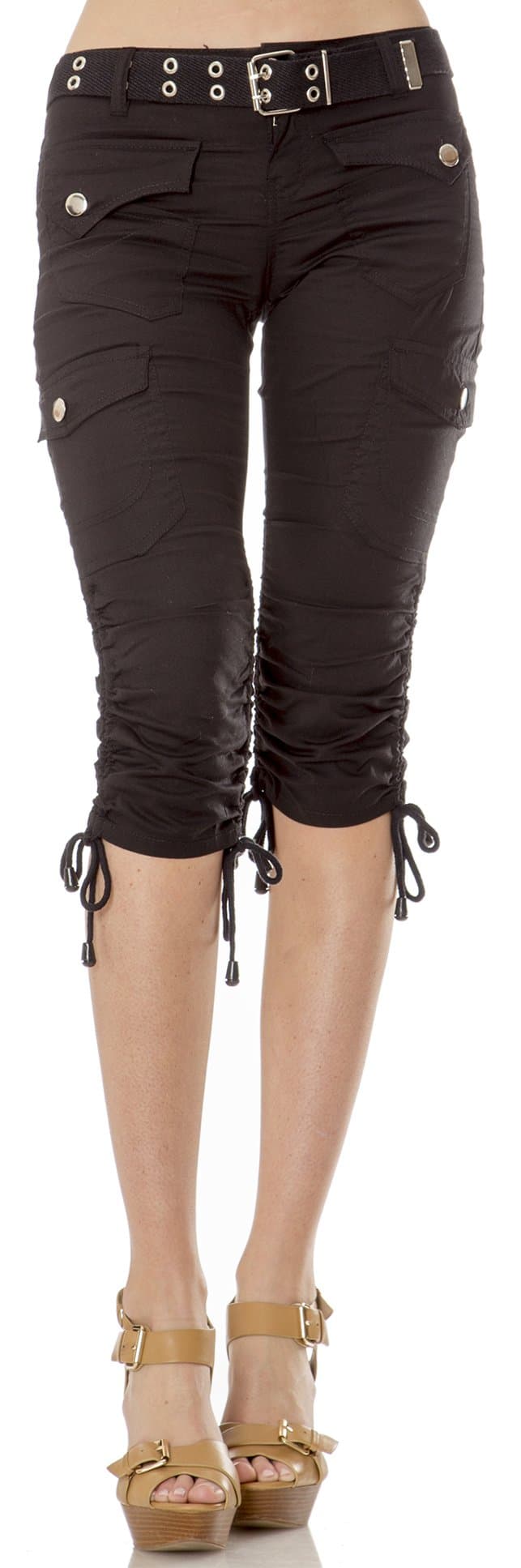 Helium London Womens Stretch Poplin Cargo Capri with Web Belt