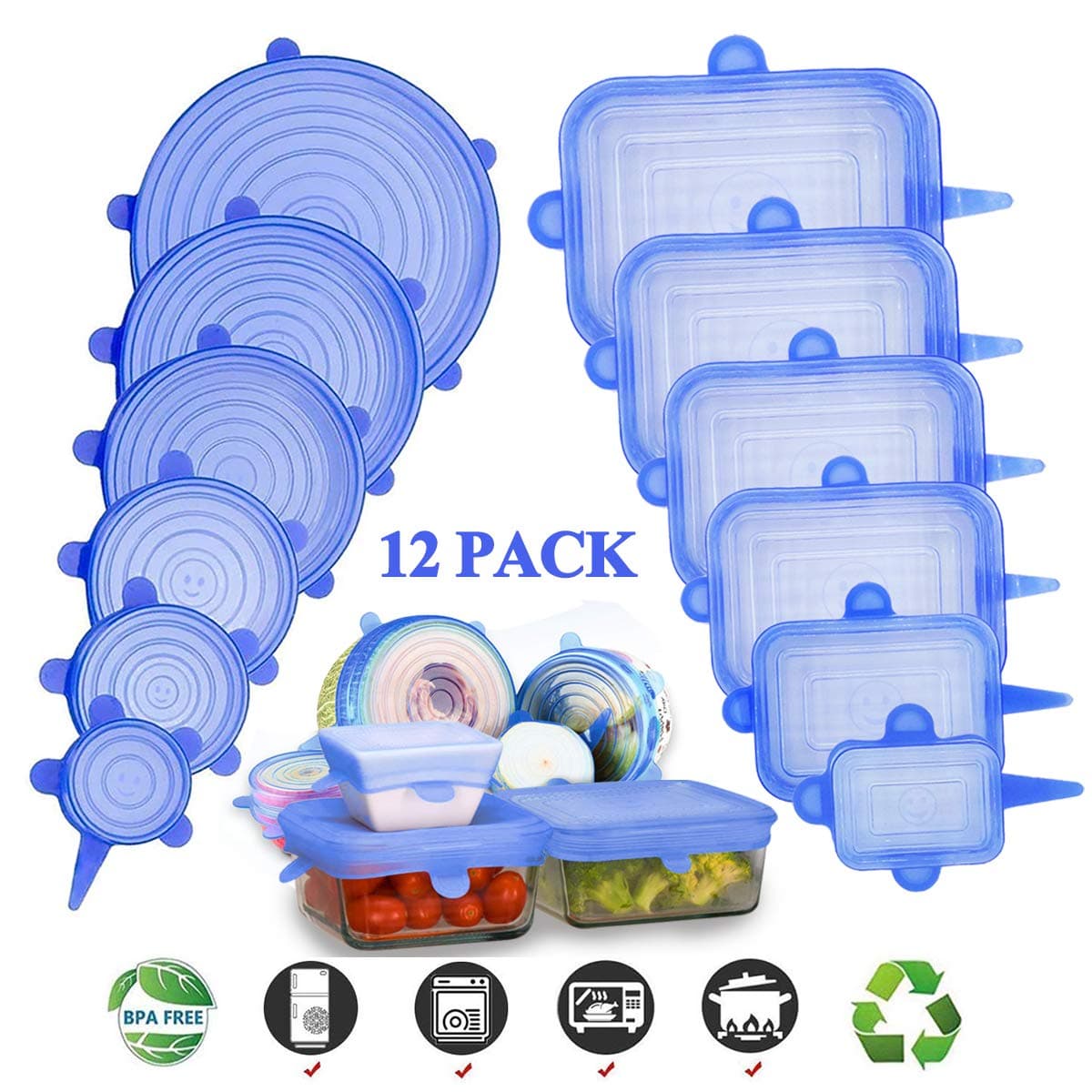 Adpartner Silicone Stretch Lids (12-Pack, Round & Rectangle), BPA-free Silicone Lids to Fit All Shape of Containers, Stretchable Food Covers Reusable Container Lids, Microwave and Dishwasher Safe