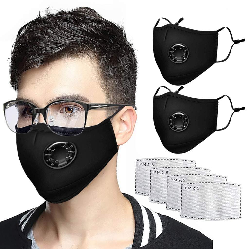 2PC P-M-2.5 Dust Massk N-9-5 with 4 replaceable filters Anti Pollution Breathable Respirator Air Face Massks Reusable Washable Comfortable Cotton Adjustable for adult Outdoor Activities (black)