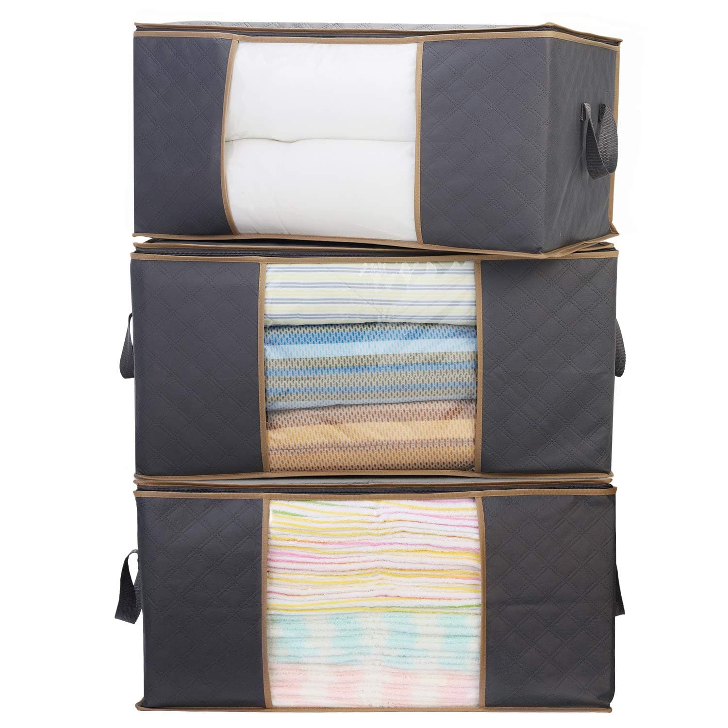 WISELIFE Clothes Storage Bags [3 Pack ], Large Capacity Blanket Storage Containers Organizers for Comforters,Bedding,Clothing,Foldable 3 Layer Fabric,#5 Zipper,Reinforced Handle,Clear Window