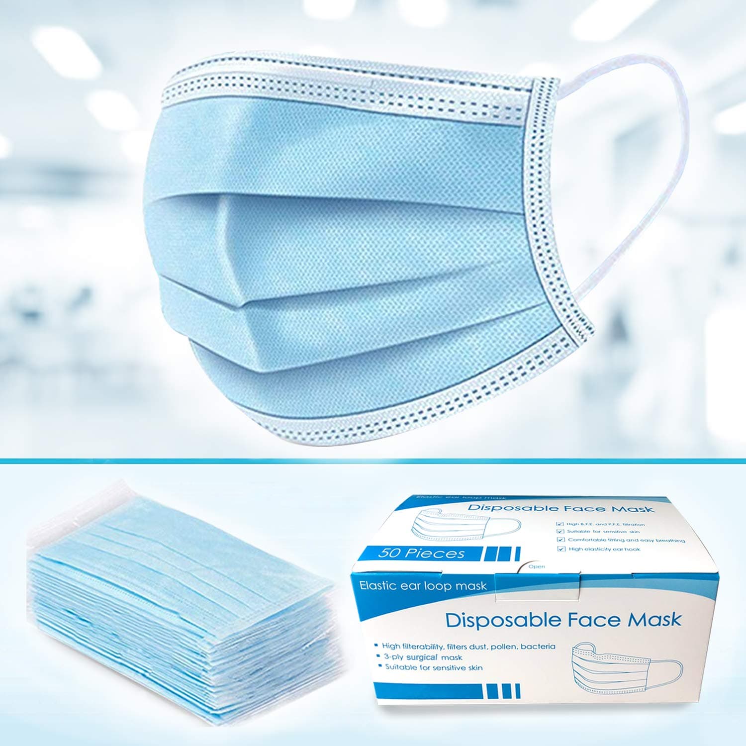 Disposable Surgical Mask Face Mask 20 PCS, Individually Wrapped 3 Layer Breathable Earloop Masks for Men and Women
