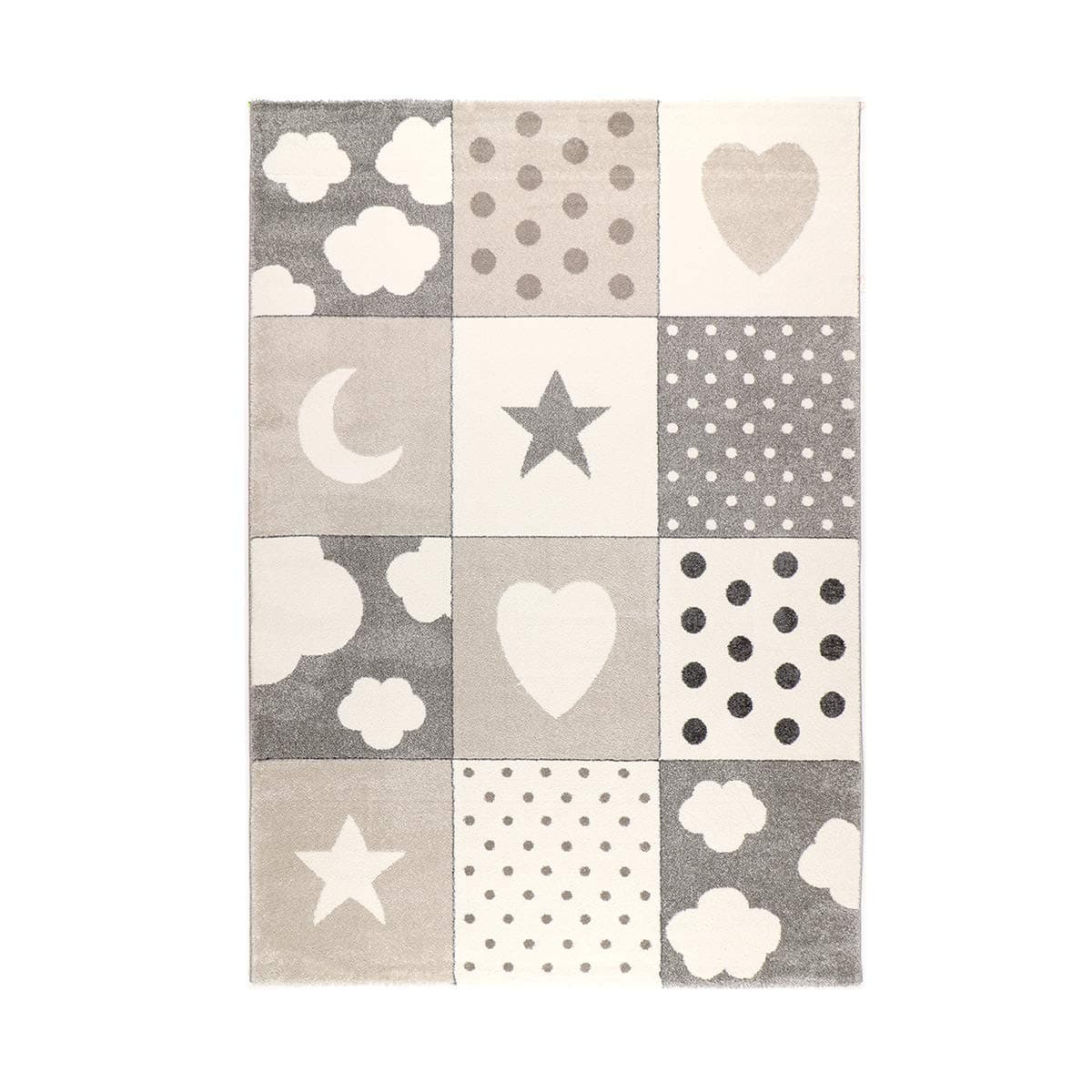 havatex Kids Rug Check Mix - Pink Blue or Gray | Patchwork Design with Stars Hearts Dots Clouds | Oeko-Tex seal | for Children Nursery Baby Room, Colour:Grey, Size:120 x 170 cm