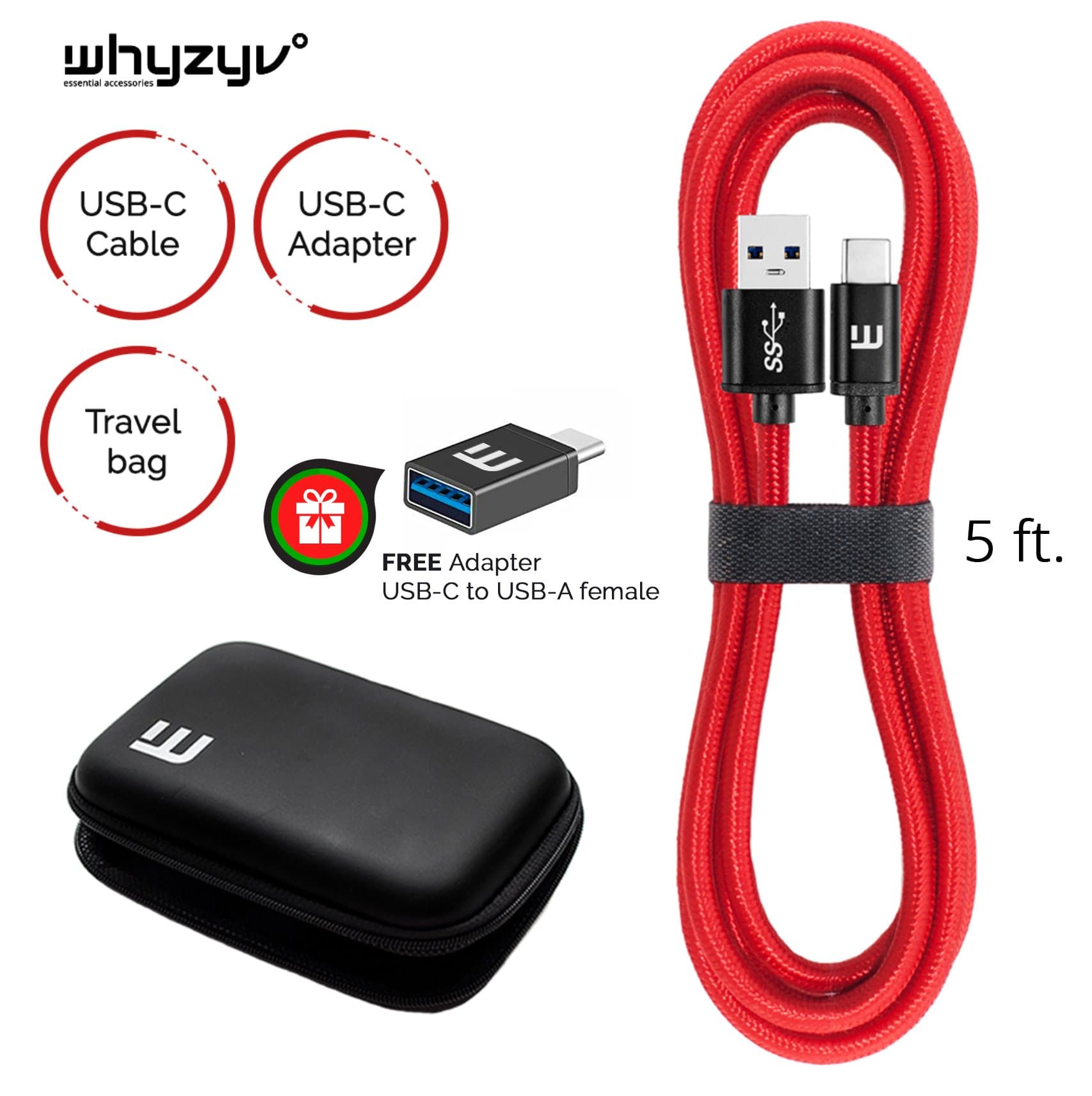 USB Type C Cable, Whyzyv USB C to USB 3.0 Fast Charging Cord 5ft + USB-C Adapter. USB Travel Pack for Samsung Galaxy S8 Note 8, LG G6, Nintendo Switch, MacBook Pro, Nexus & All Type-C Devices (red)
