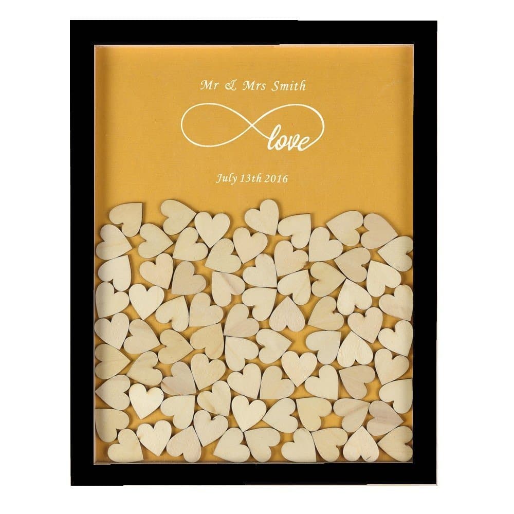 Personalized Engraved Wedding Even Infinity Love Rustic Drop Top Wooden Frame Romantic Wedding Guest Book With 130 Small Wood Hearts (Black & Pearl Yellow).