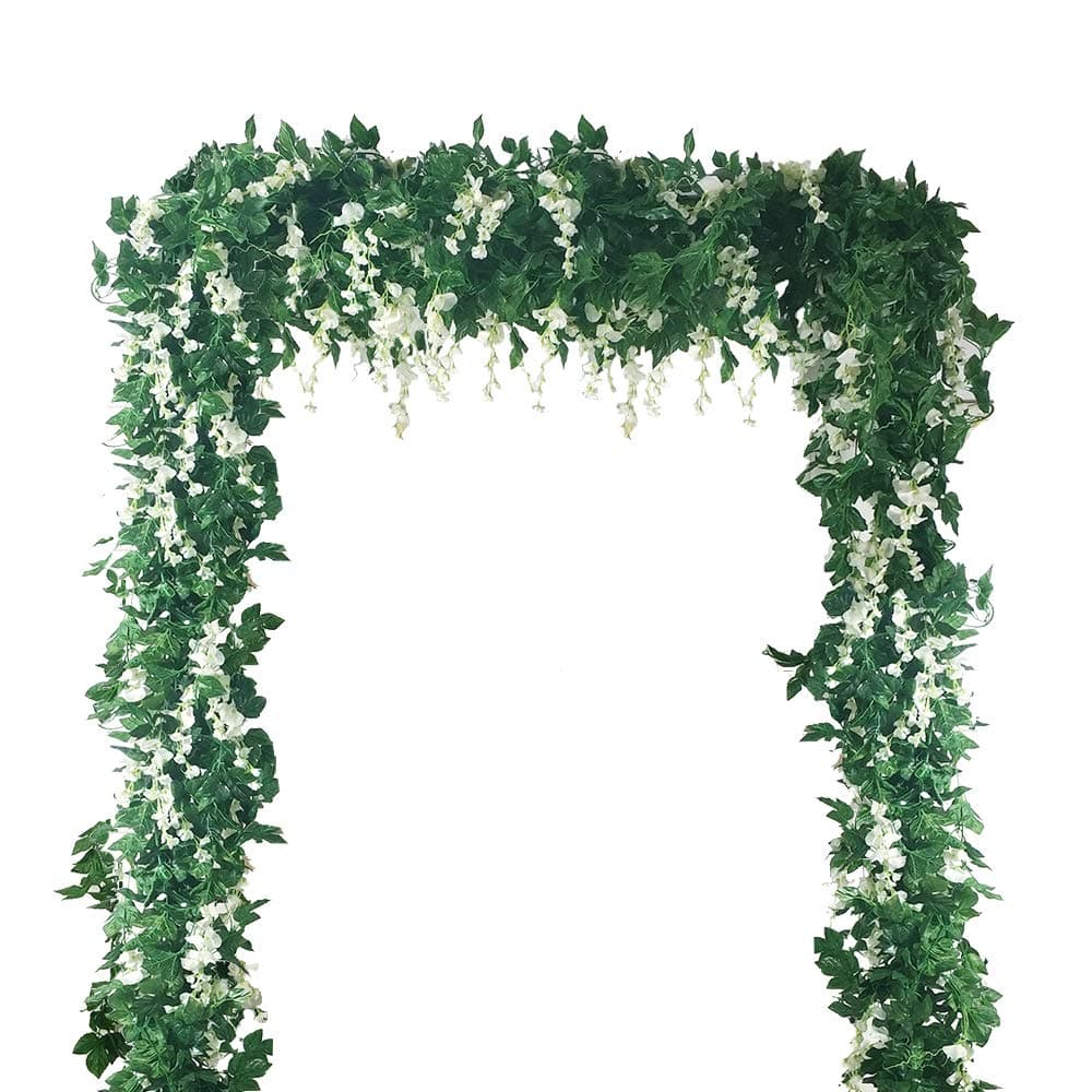 4 PCS(28.8 Ft) Artificial Flower Vine Silk Wisteria Garland Hanging Rattan with Ivy Leaf for Wedding Home Decor (White)