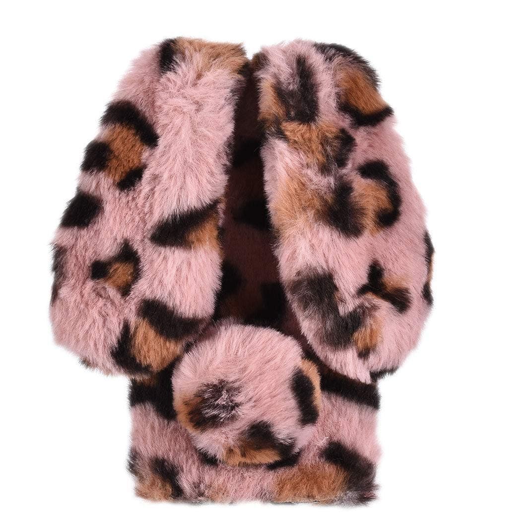 King phone Plush Rabbit Cover for iPhone XR Fluffy Rabbit Case Fashion Cute Case Bunny Ears Cover Super Soft Warm Furry Rabbit Shockproof Back Shell, Pink Leopard