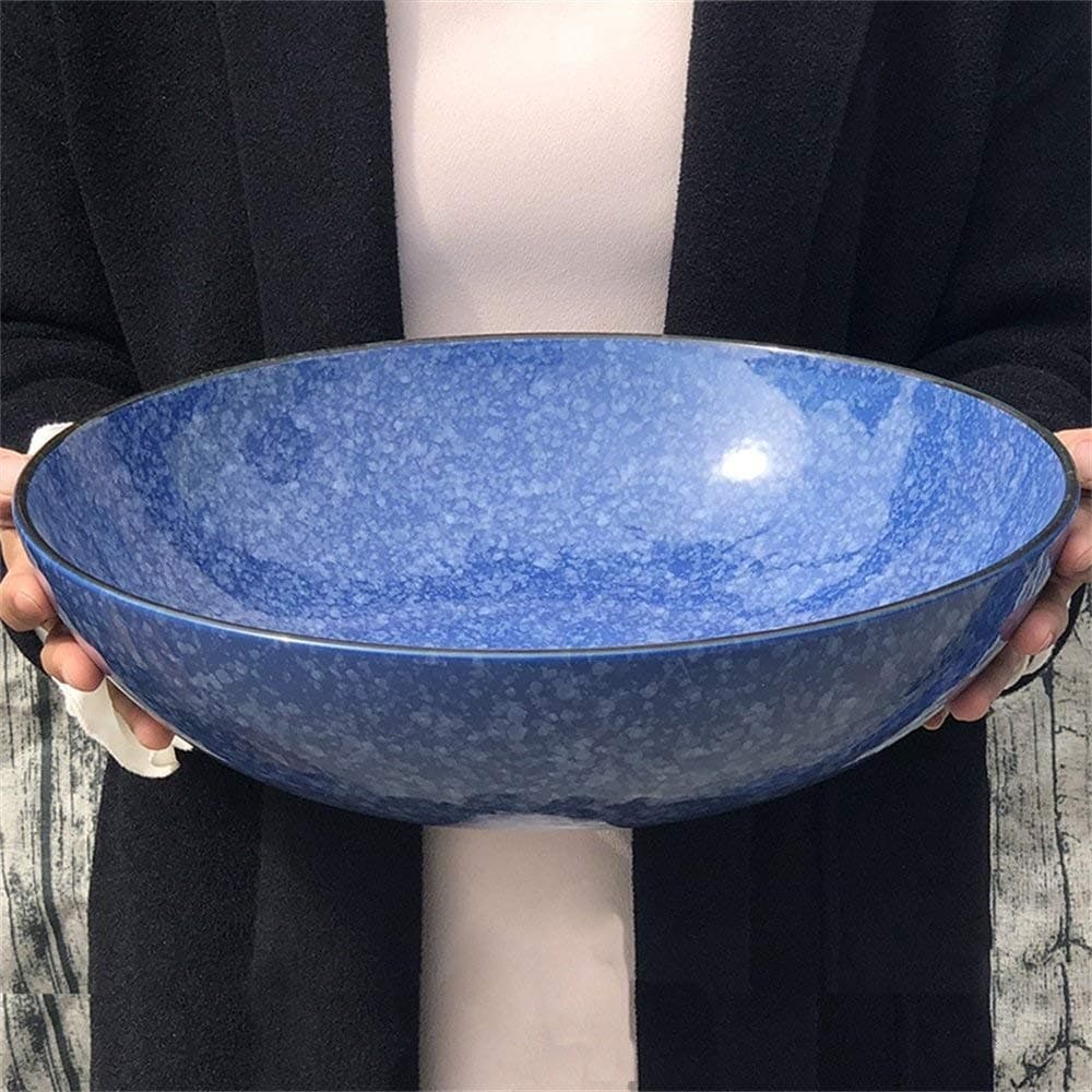 14 Inches Oversized Super Extra Large Soup Bowl Mixing Bowl Big Capacity Fruit Salad Bowl Noodle Vegetable Basin Decoration Collection Container Storage Bowl Ceramic, Blue