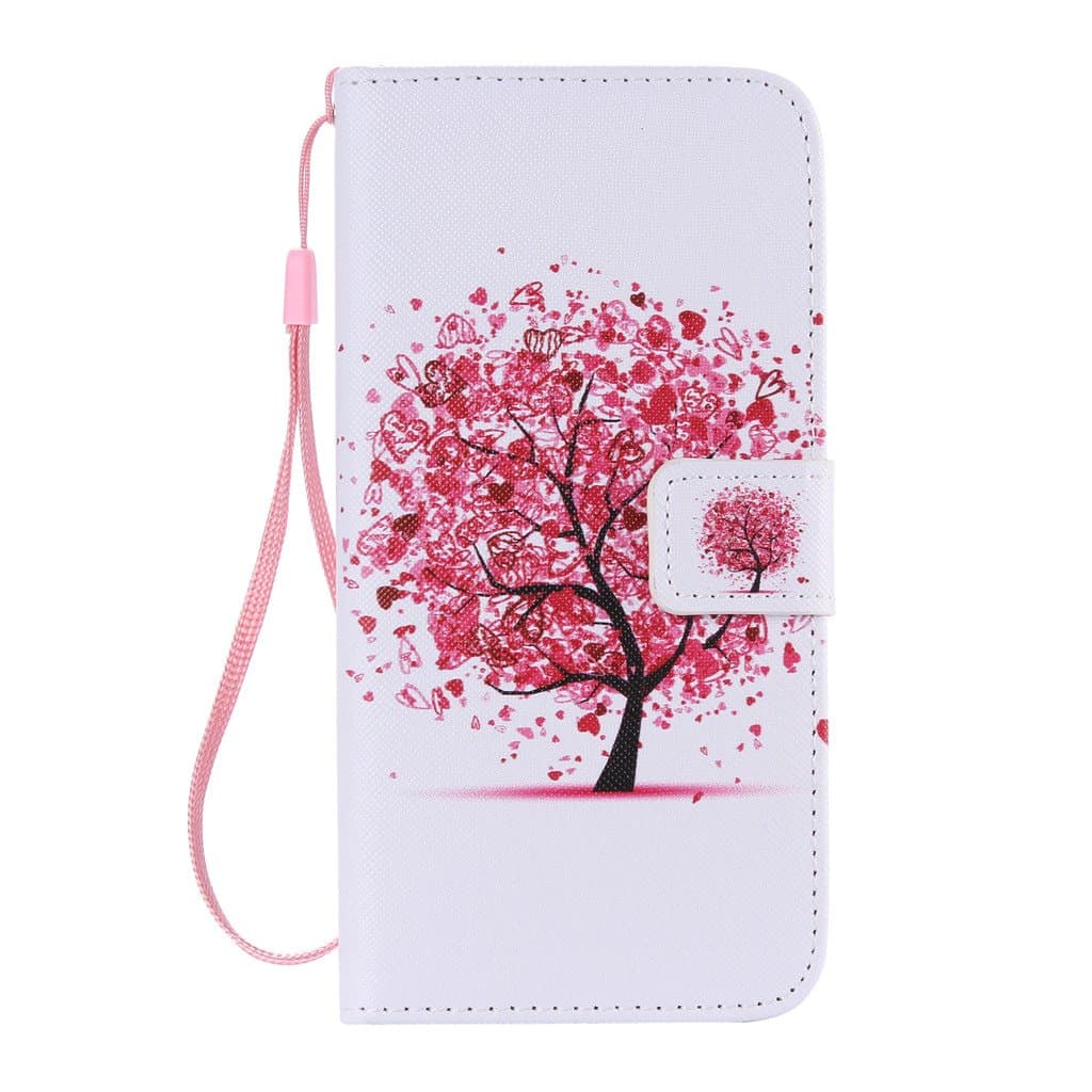 SZYT Phone Case for Samsung Galaxy Note 5 N920, 5.7 inch, PU Leather Flip Cover with Handle, Heart Shaped Pink Leaves Tree