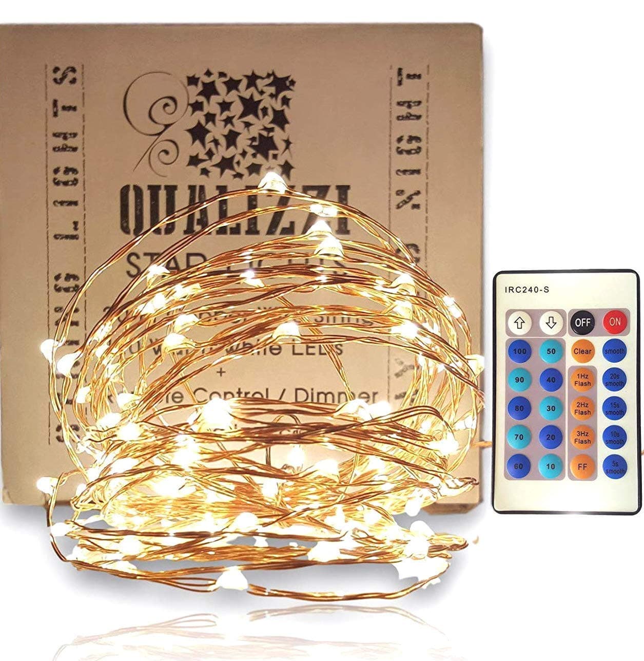 Qualizzi Starry Lights with Remote Control/Dimmable (20 Feet /120 LEDs). Very Pretty Bright Fairy Light Effects on LED Copper Wire String Lightings. Enjoy Magic Decorative Garlands All Year Around.