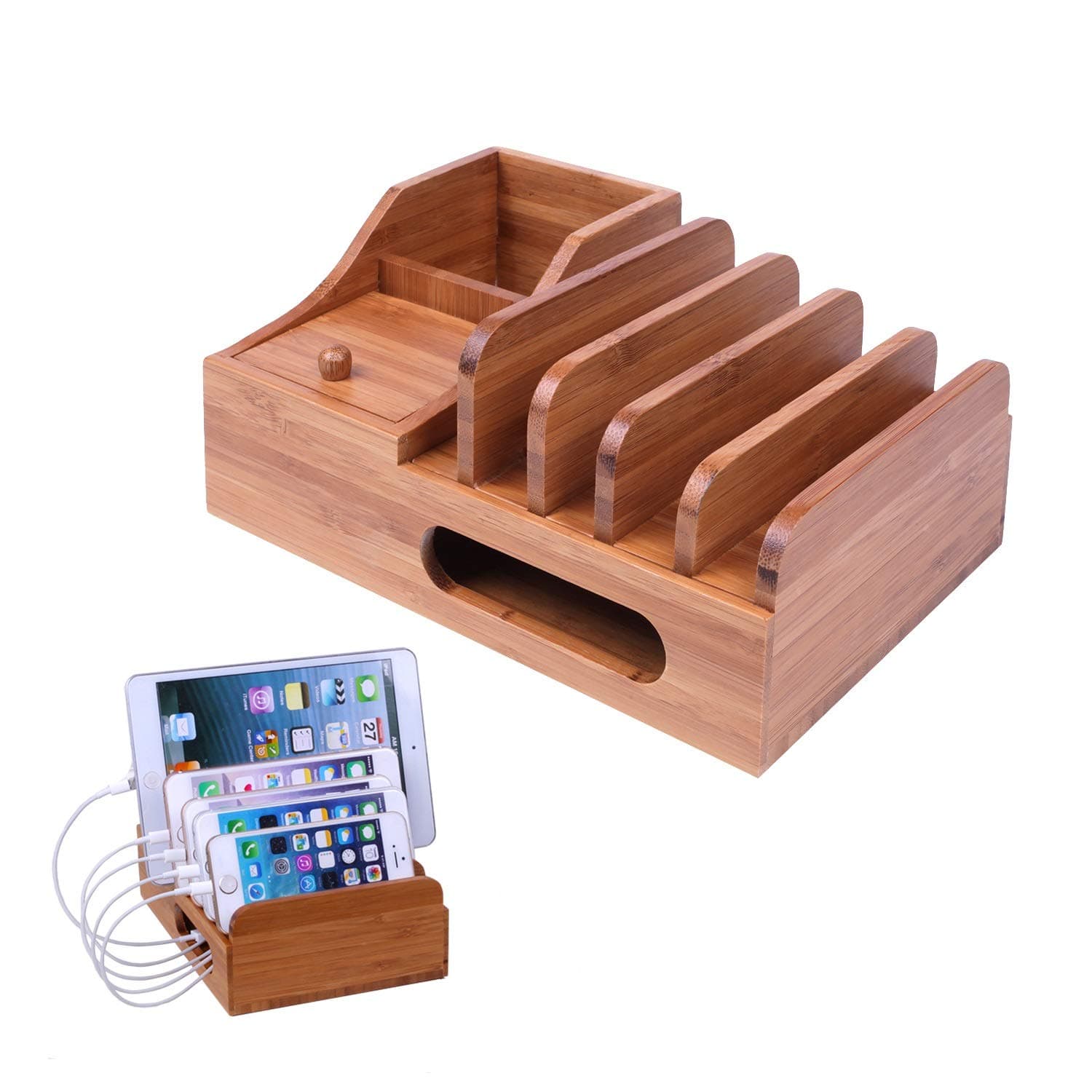 ANTPO Bamboo Charging Station Docks and Multi-device Phone Organizer Stand for Smart Phones and Tablets