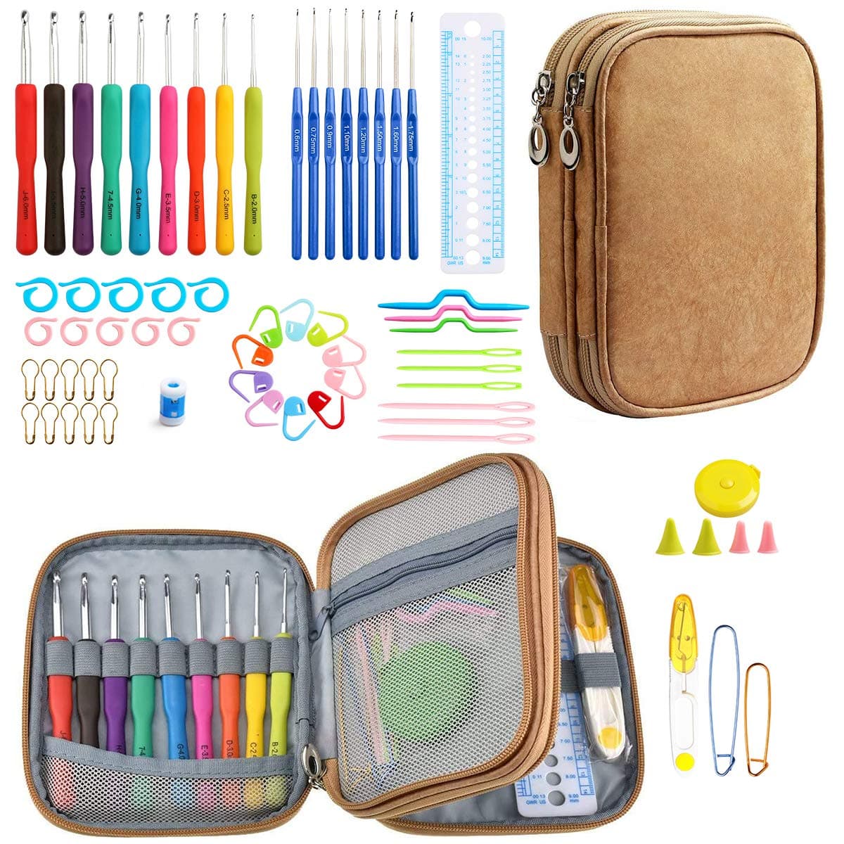 Looen Crochet Hooks Set-Yarn Needles Coloured Aluminum with Storage Case Rubbery Handle Ergonomic Comfort Grip DIY Craft Handmake Kit 47pcs