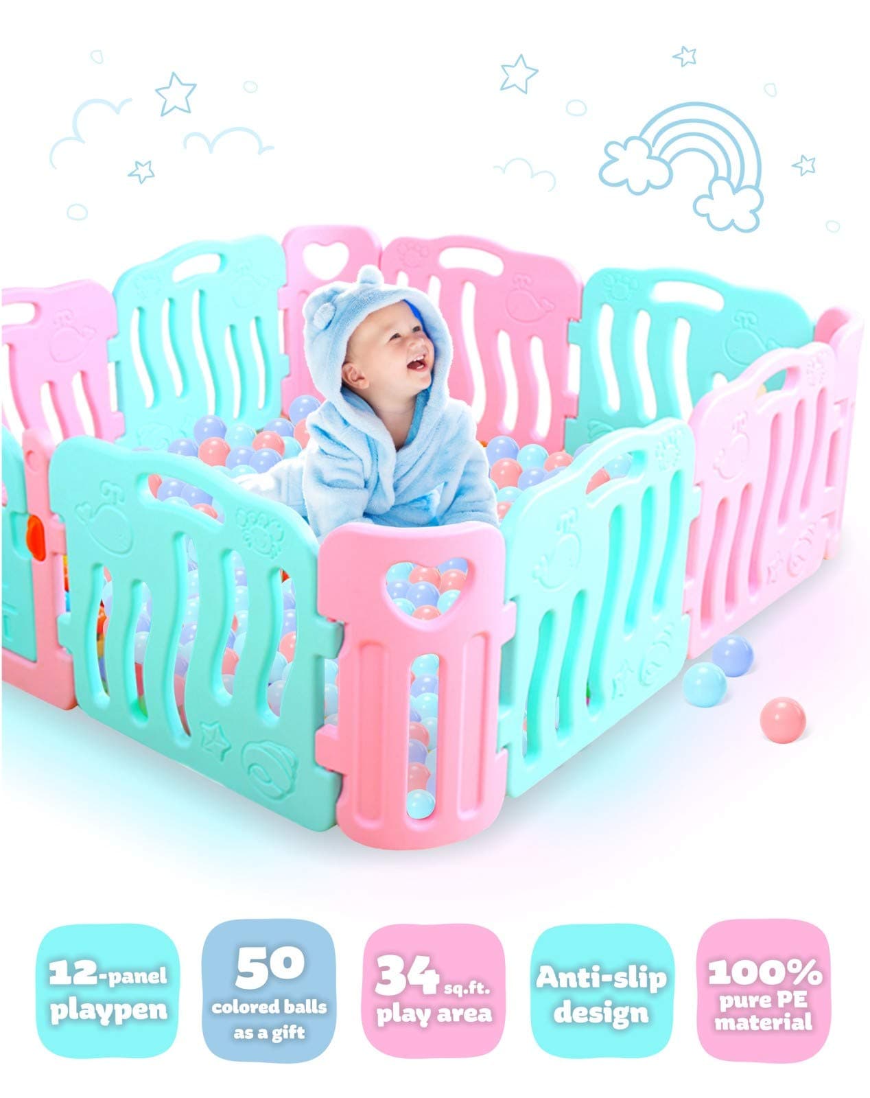Foldable Baby Playpen Kids 12 Panel with 50 Gift Balls - Activity Center Pink&Mint Anti-Slip Base - Safety Fence 34 sq.ft. Play Area/Yard for Boy, Girls, Toddler - Indoor Outdoor Play Pen (Medium)