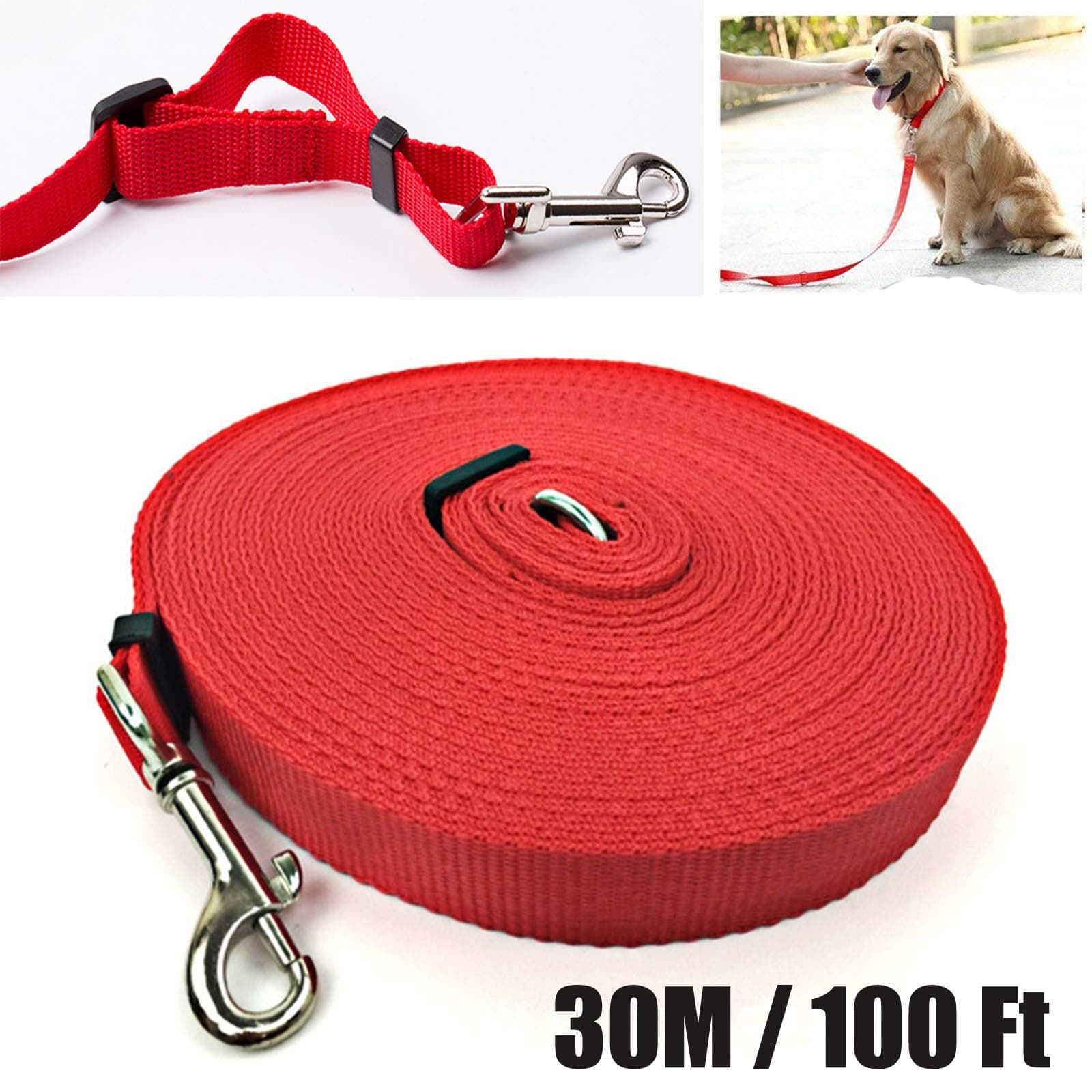 Bowose Dog Training Lead 30M 100ft Long Rope Polypropylene Webbing Recall Obedience Line Leash for Pet, Red
