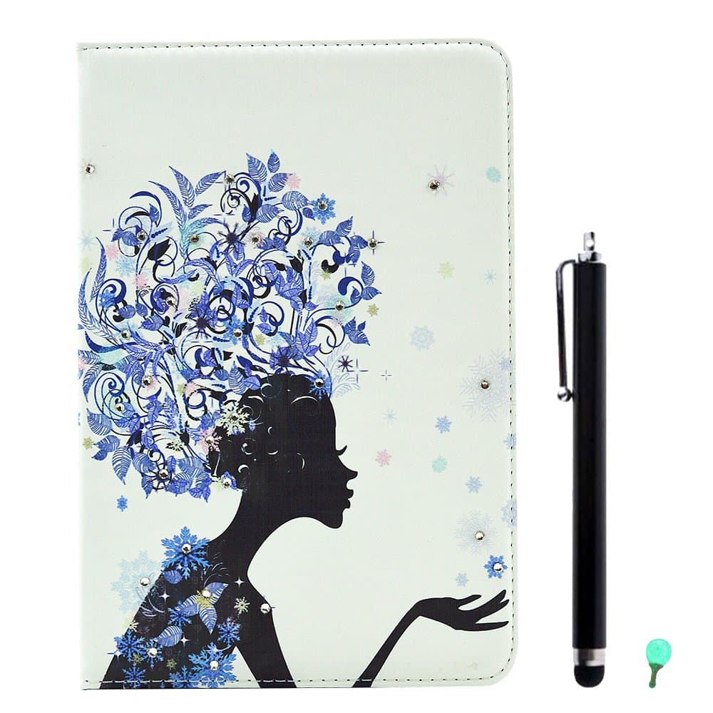 PU Leather Case for Samsung Galaxy Tab A 8.0 SM-T350, Aohro Bling Glitter Beautiful Flowers Series Diamond Folio Flip Stand Cover + Stylus Pen + Dust Plug - Blue Flower Fairy