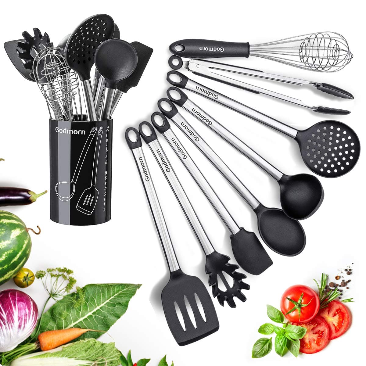 Silicone Kitchen Utensil Set 9 Pcs Cooking Utensil Nonstick Kitchen Tool with Plastic Holder, Stainless Steel Heat Resistant and Nonstick Cooking Gadgets Tool black BPA Free