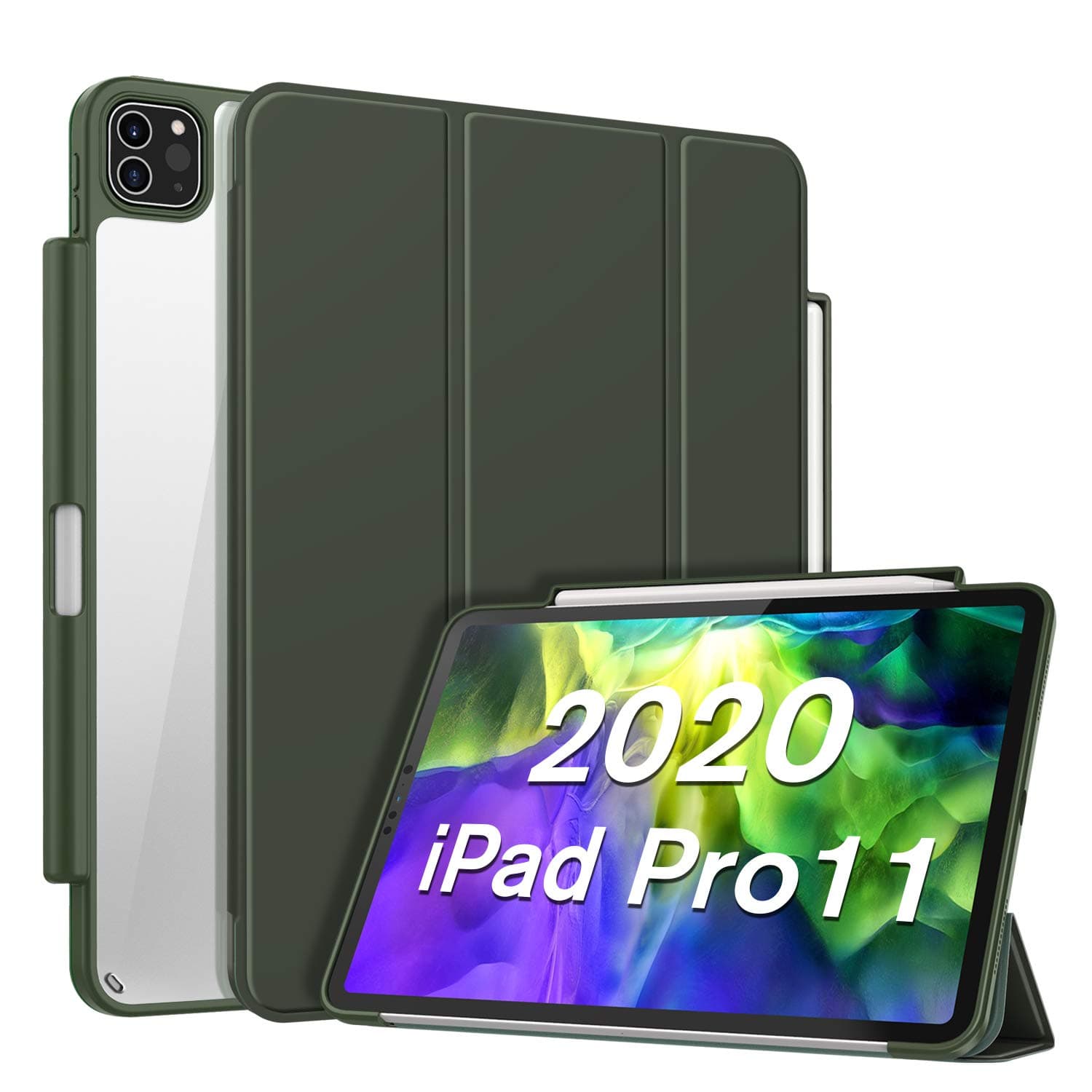 CaseBot Case with Pencil Holder for iPad Pro 11" 2020/2018 [Supports 2nd Gen Pencil Charging] - Slim Transparent Clear Hard Back Cover with Soft TPU Edge, Auto Wake/Sleep, Midnight Green