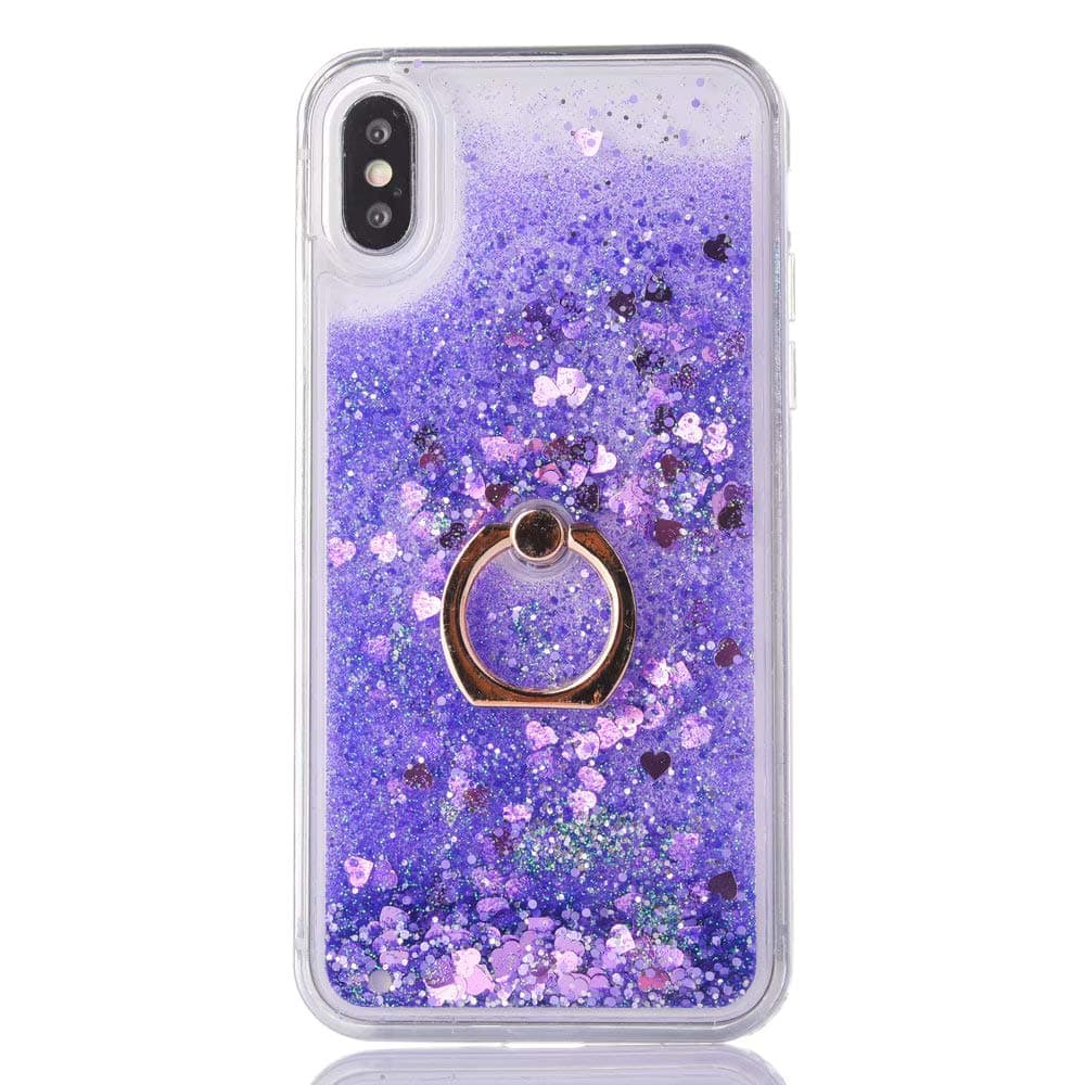 DasKAn Floating Liquid Glitter Case for iPhone X/XS with Finger Holder Ring Stand,Bling Sparkle Flowing Hearts Sequins Moving Quicksand Clear Back Cover Hard Plastic Protective Phone Case,Purple